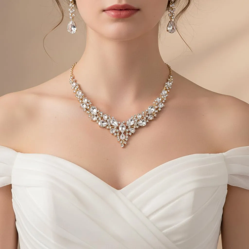 EVER FAITH Set Gioielli da Sposa con Cristalli Goccia Austriaci, Collana, Orecchini Pendenti e Bracciale, Oro Fondo Trasparente - immagine 2
