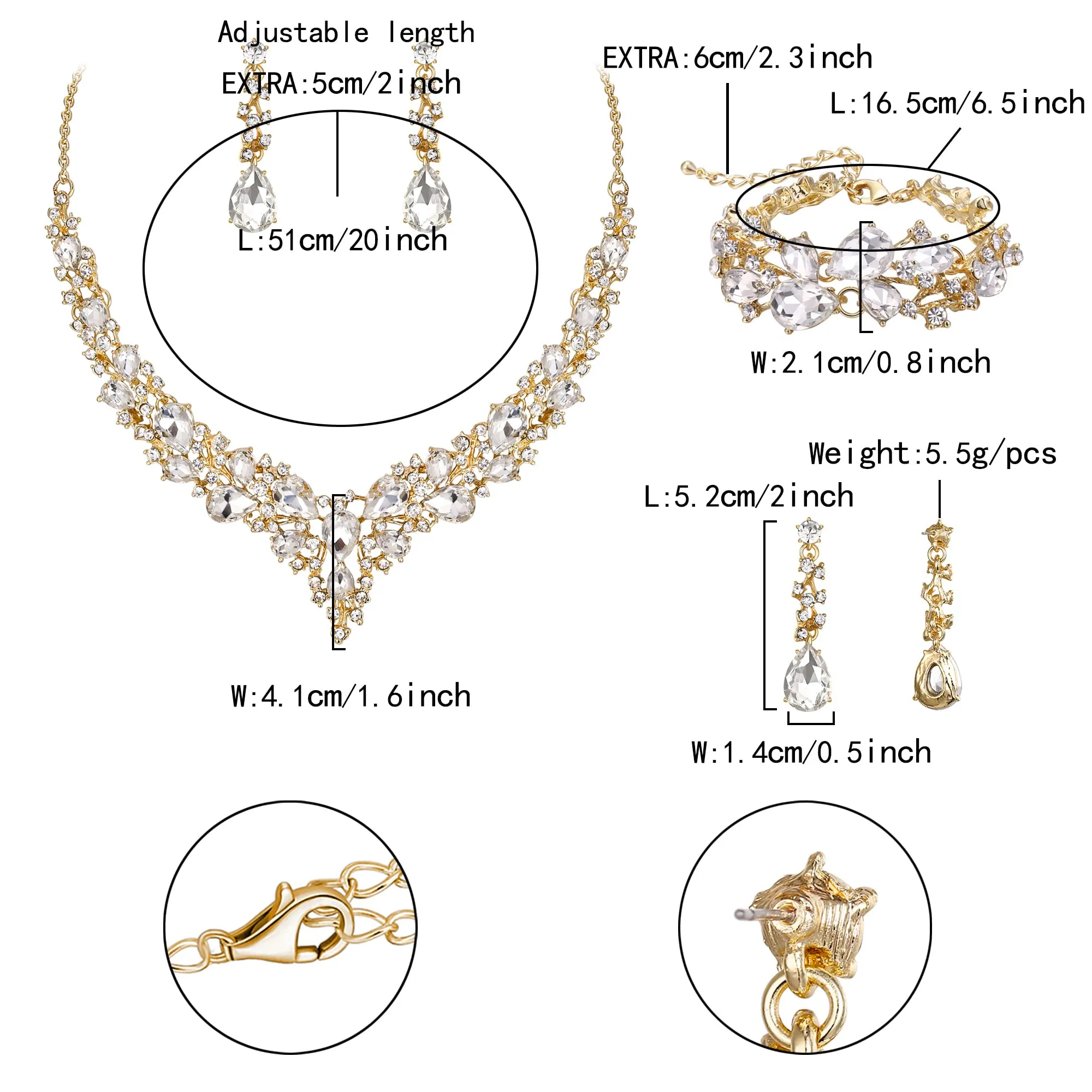 EVER FAITH Set Gioielli da Sposa con Cristalli Goccia Austriaci, Collana, Orecchini Pendenti e Bracciale, Oro Fondo Trasparente - immagine 6