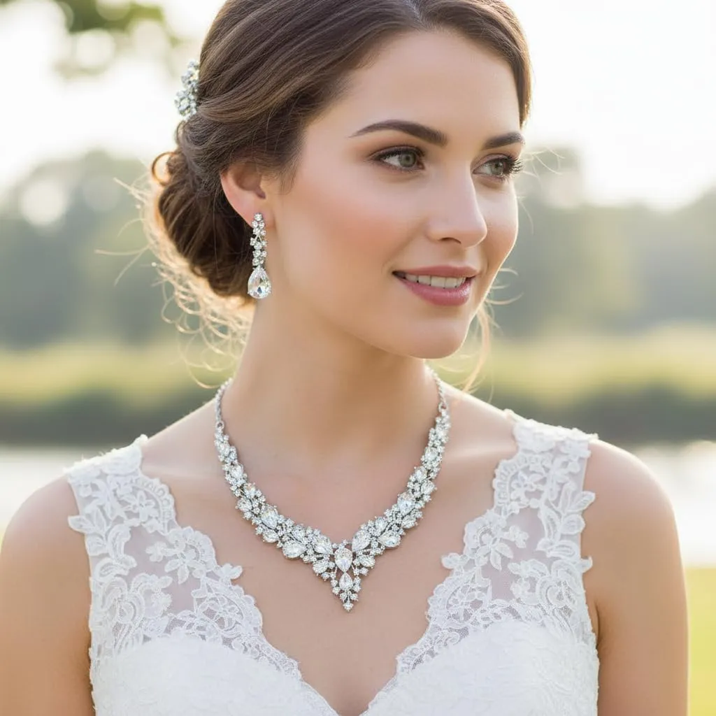 EVER FAITH Set Gioielli da Sposa in Cristallo Austriaco, Collana, Orecchini Pendenti e Bracciale, Trasparente Argento Fondo - immagine 2