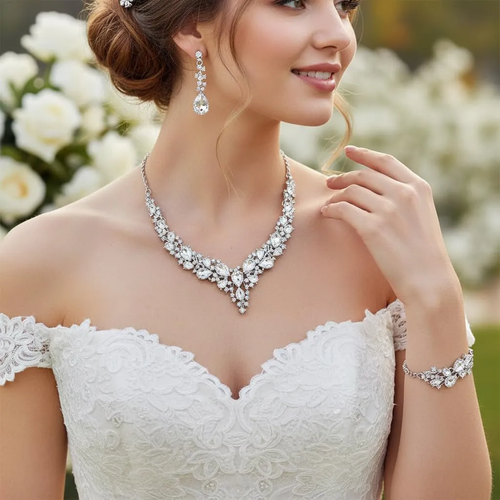 EVER FAITH Set Gioielli da Sposa in Cristallo Austriaco, Collana, Orecchini Pendenti e Bracciale, Trasparente Argento Fondo - immagine 3