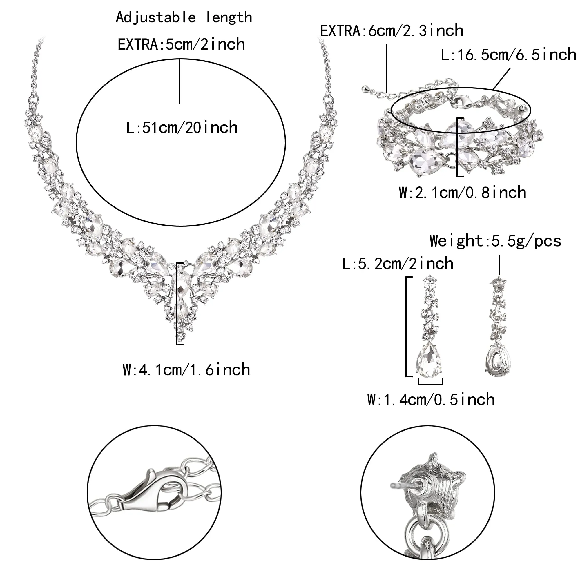 EVER FAITH Set Gioielli da Sposa in Cristallo Austriaco, Collana, Orecchini Pendenti e Bracciale, Trasparente Argento Fondo - immagine 6
