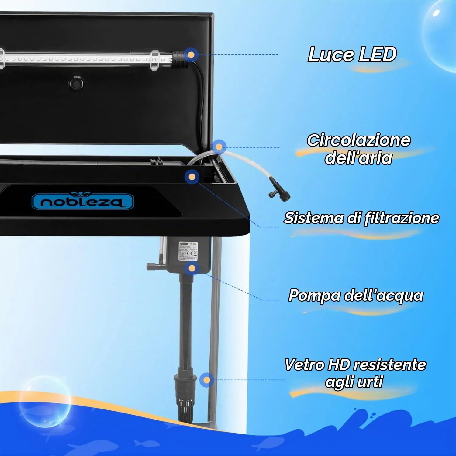 Nobleza Piccolo Acquario 30L con Illuminazione LED e Sistema di Filtraggio, Nero - immagine 3