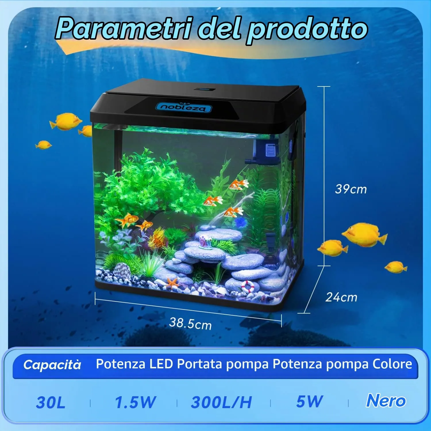Nobleza Piccolo Acquario 30L con Illuminazione LED e Sistema di Filtraggio, Nero - immagine 6