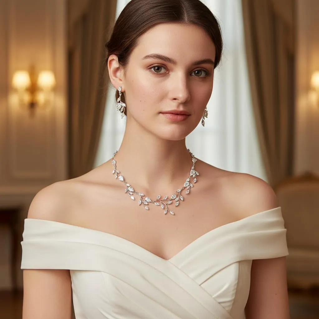 EVER FAITH Set Collana e Orecchini con Zirconia Cubica a Pera e Foglia, Trasparente Argento-Fondo - immagine 2