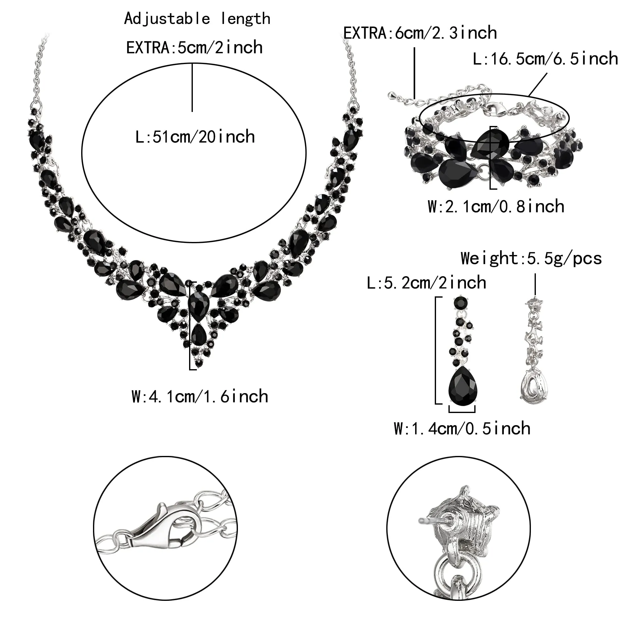 EVER FAITH Set Gioielli da Sposa con Cristallo Goccia Austriaco, Collana, Orecchini e Bracciale, Nero Argento Fondo - immagine 4