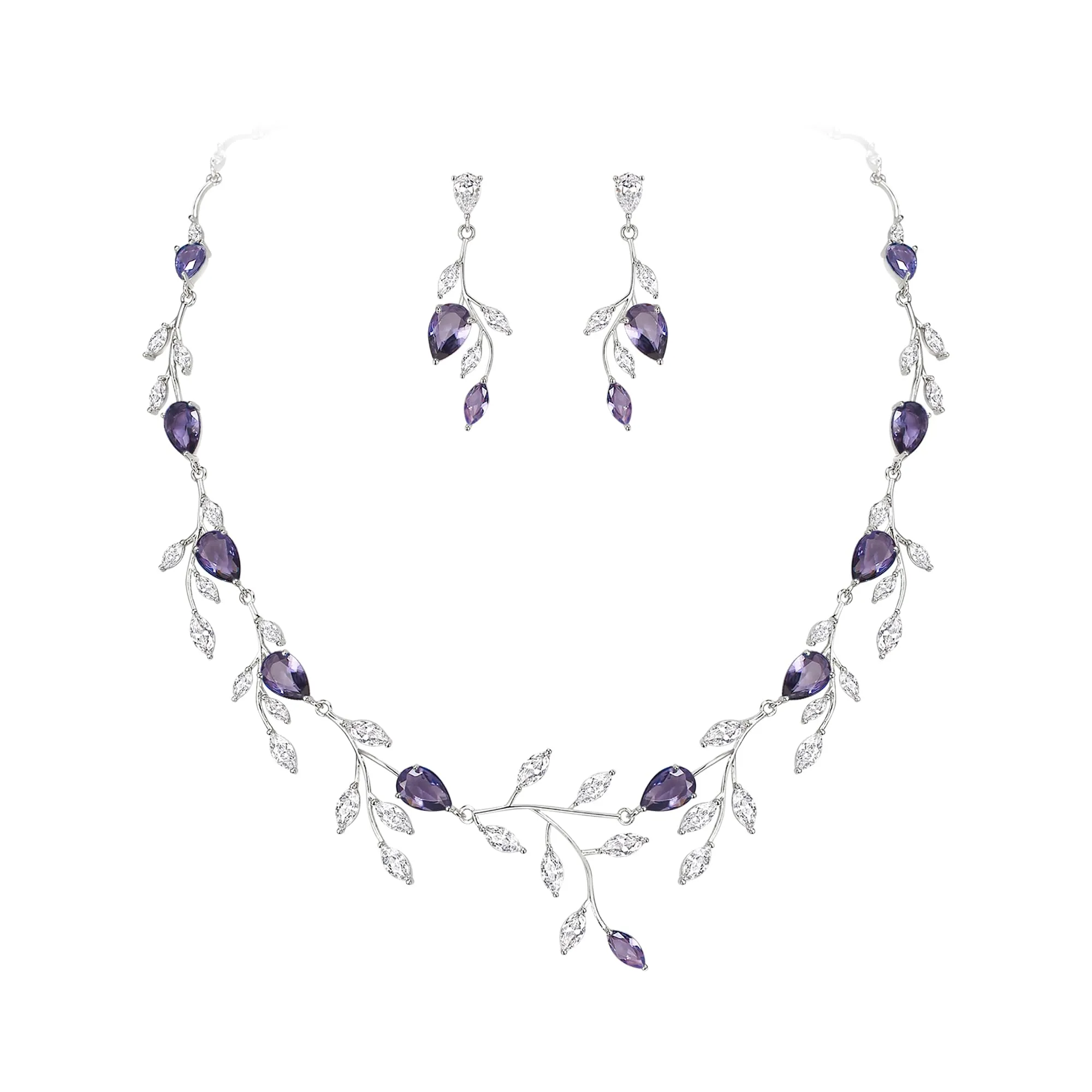 EVER FAITH Set di Gioielli Zirconia Cubica Pera Birthstone Foglia Collana e Orecchini, Viola Argento-Fondo - immagine 1