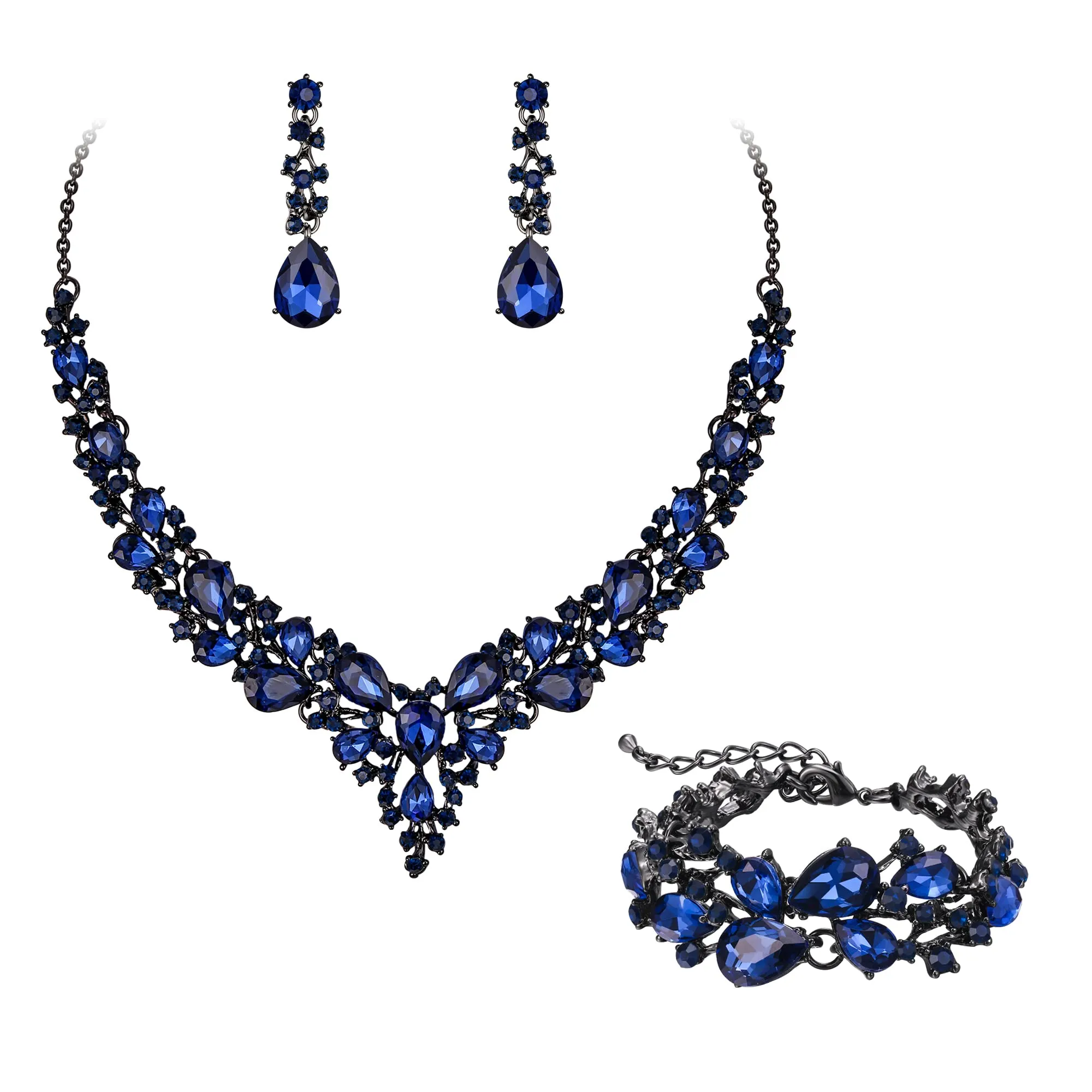 EVER FAITH Set Gioielli da Sposa con Cristallo Austriaco, Collana, Orecchini Pendenti e Bracciale, Navy Blu Nero-Fondo - immagine 1