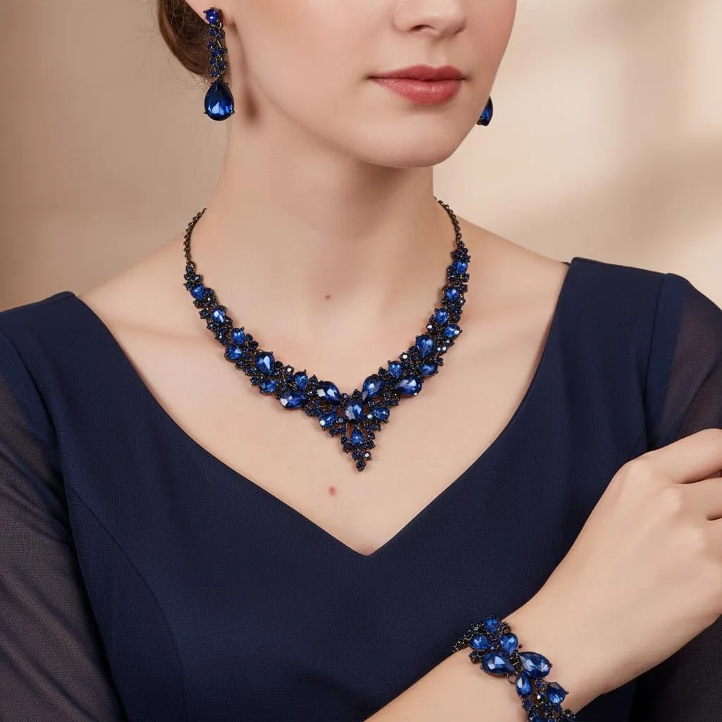 EVER FAITH Set Gioielli da Sposa con Cristallo Austriaco, Collana, Orecchini Pendenti e Bracciale, Navy Blu Nero-Fondo - immagine 3
