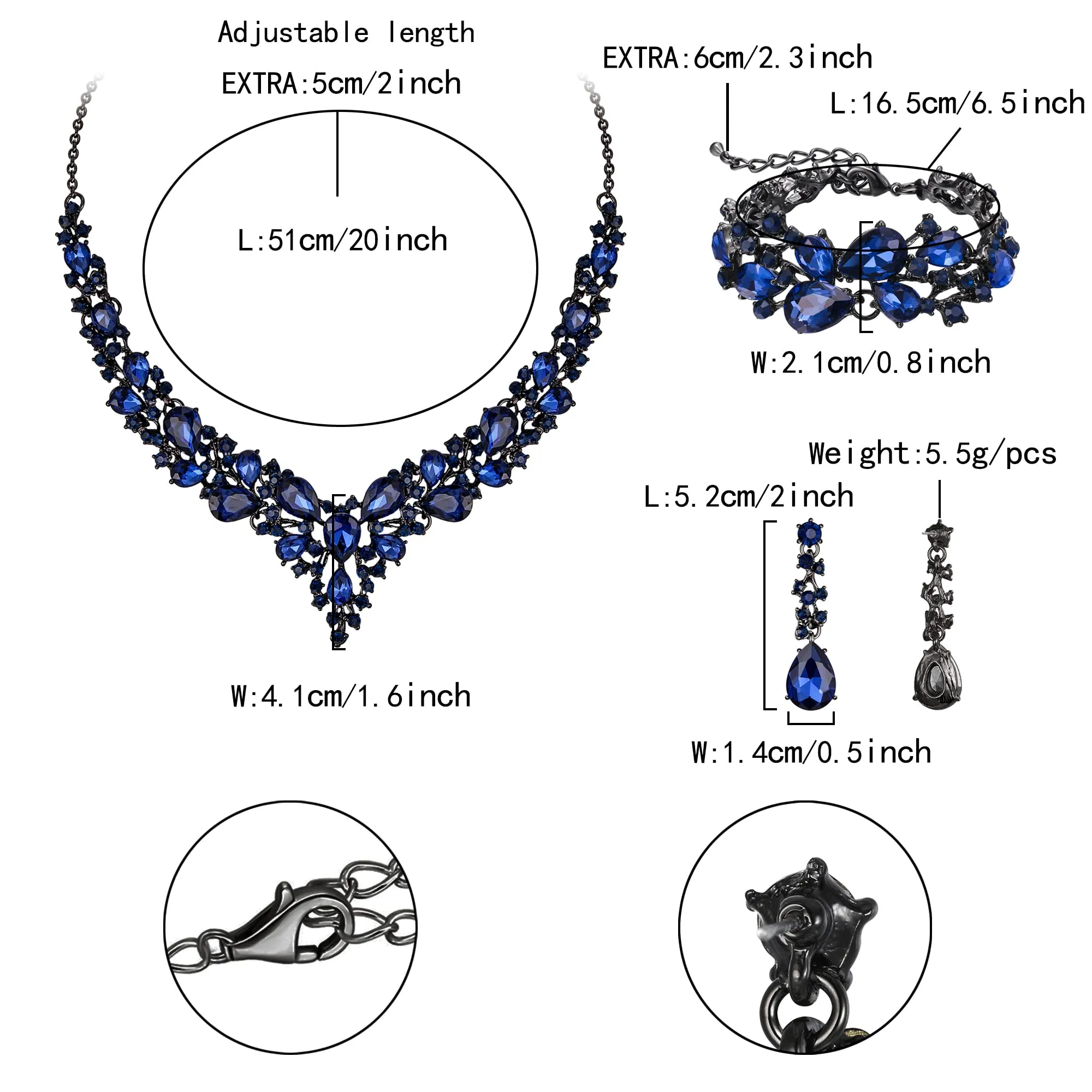 EVER FAITH Set Gioielli da Sposa con Cristallo Austriaco, Collana, Orecchini Pendenti e Bracciale, Navy Blu Nero-Fondo - immagine 5