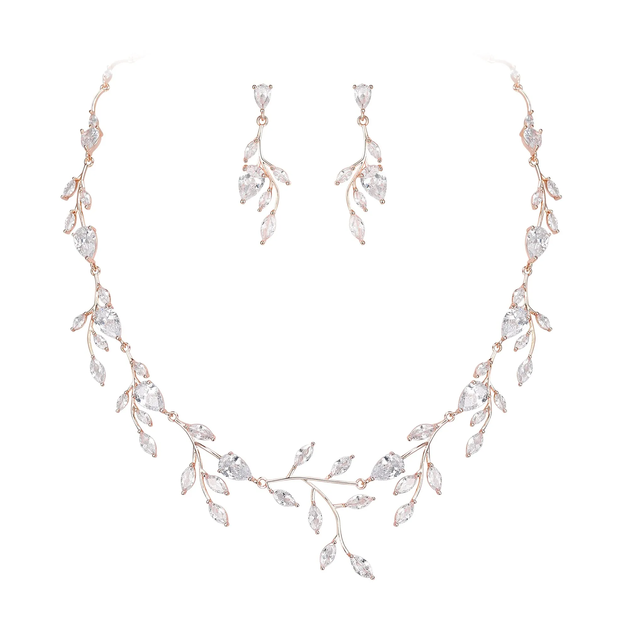 EVER FAITH Set Collana e Orecchini con Zirconia Cubica a Forma di Pera e Foglia, Trasparente Rosa Oro - immagine 1