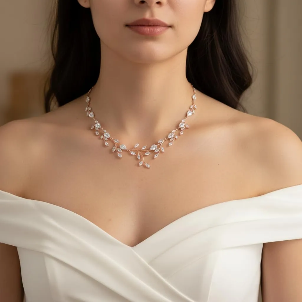 EVER FAITH Set Collana e Orecchini con Zirconia Cubica a Forma di Pera e Foglia, Trasparente Rosa Oro - immagine 2