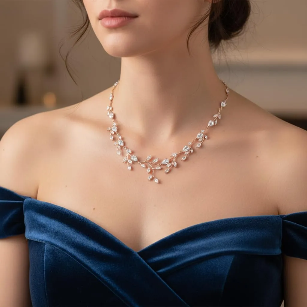 EVER FAITH Set Collana e Orecchini con Zirconia Cubica a Forma di Pera e Foglia, Trasparente Rosa Oro - immagine 3