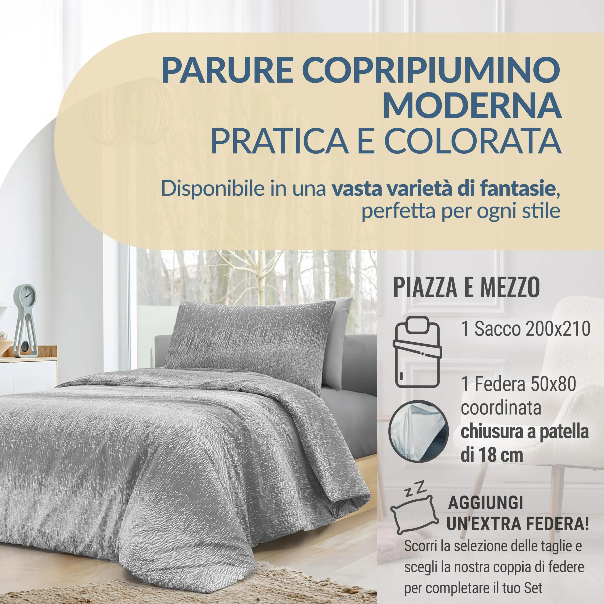 Dorian Home Copripiumino Una Piazza e Mezza in Cotone 200x210 cm con Federa, Grigio - immagine 2