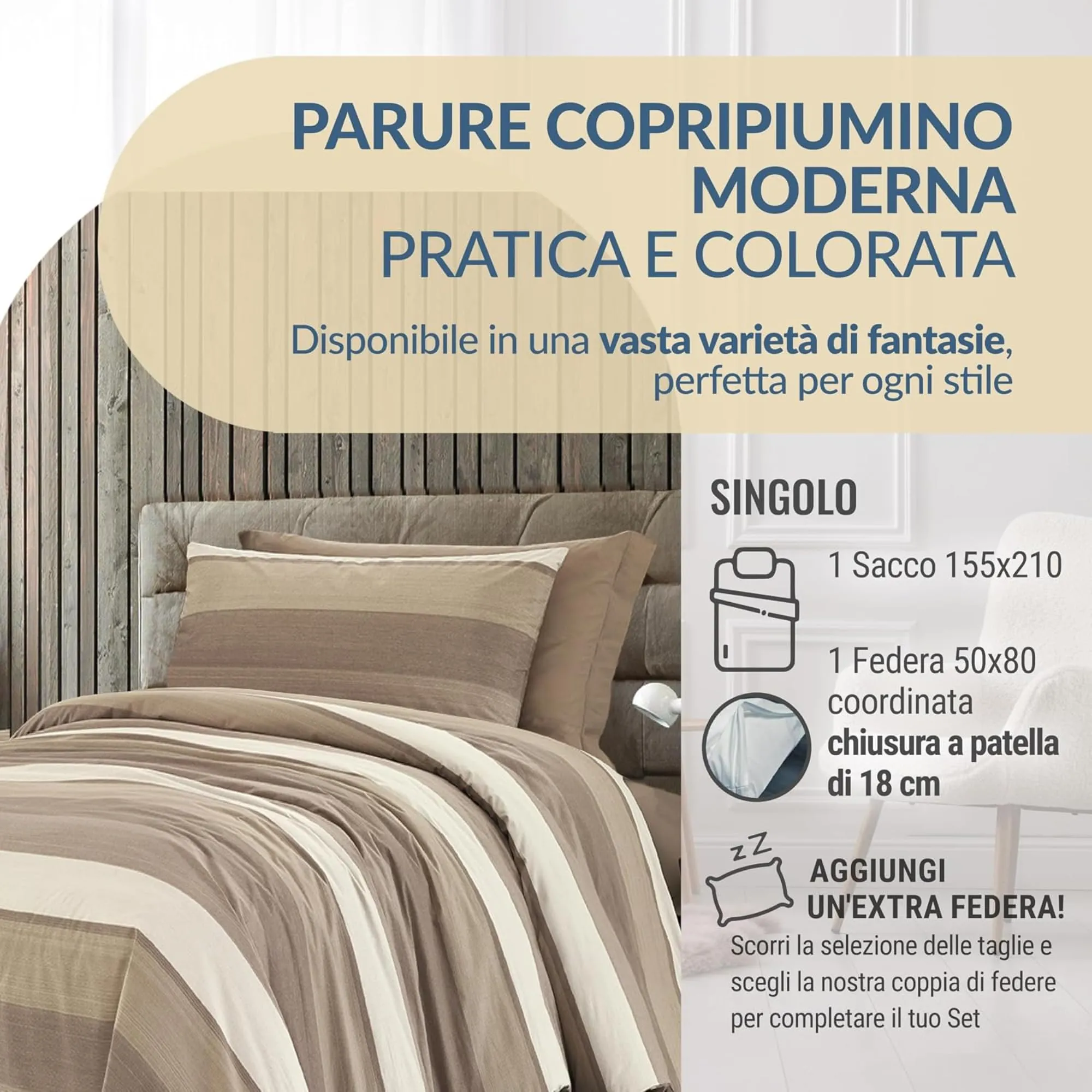 Dorian Home Copripiumino Singolo in Cotone 155x210 cm con Federa, Garda Beige - immagine 2