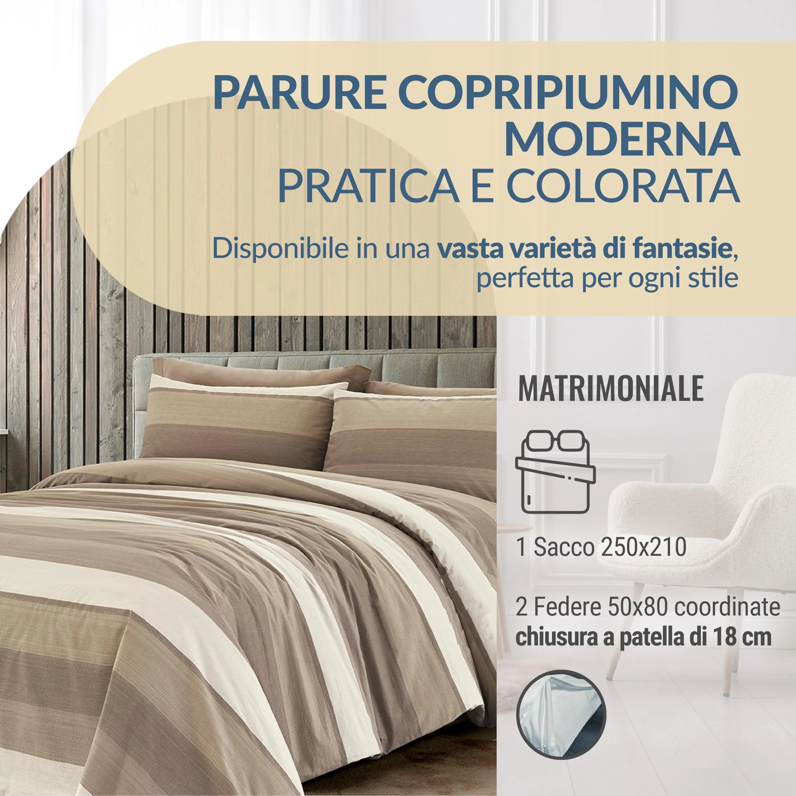 Dorian Home Copripiumino Matrimoniale in Cotone 250x210 cm con 2 Federe, Garda Beige - immagine 2