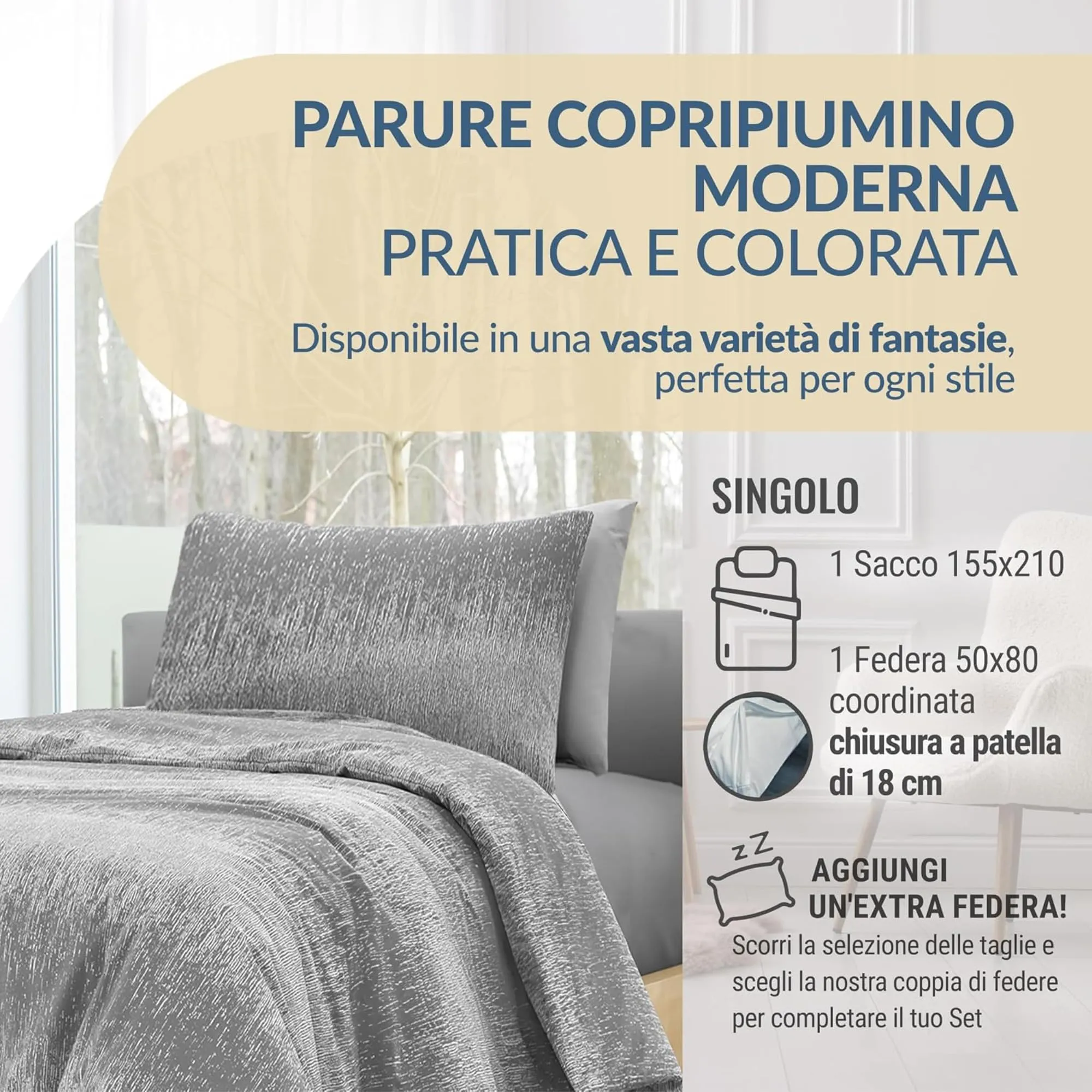 Dorian Home Copripiumino Singolo in Cotone 155x210 cm con Federa, Grigio - immagine 2