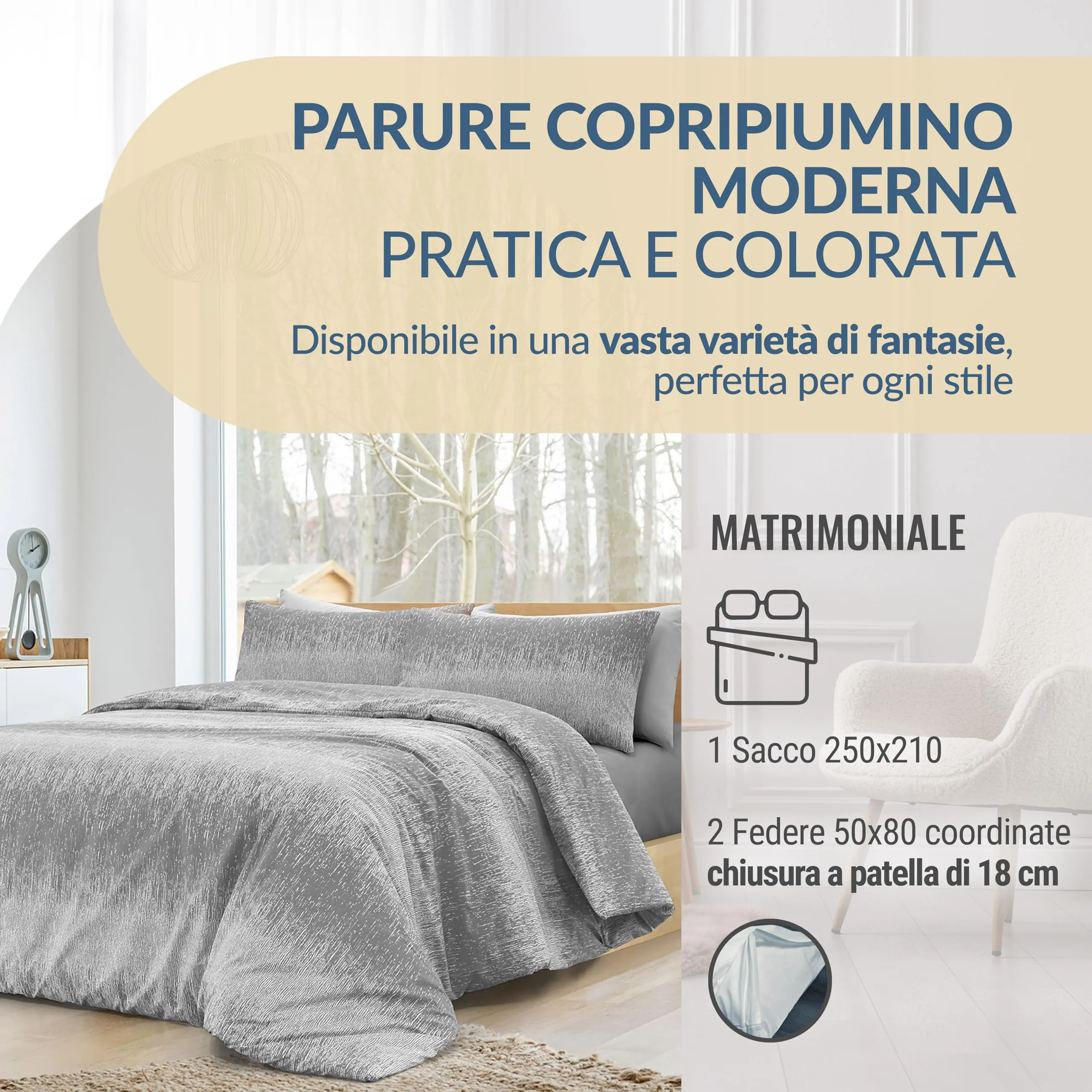 Dorian Home Copripiumino Matrimoniale in Cotone 250x210 cm con 2 Federe, Grigio - immagine 2