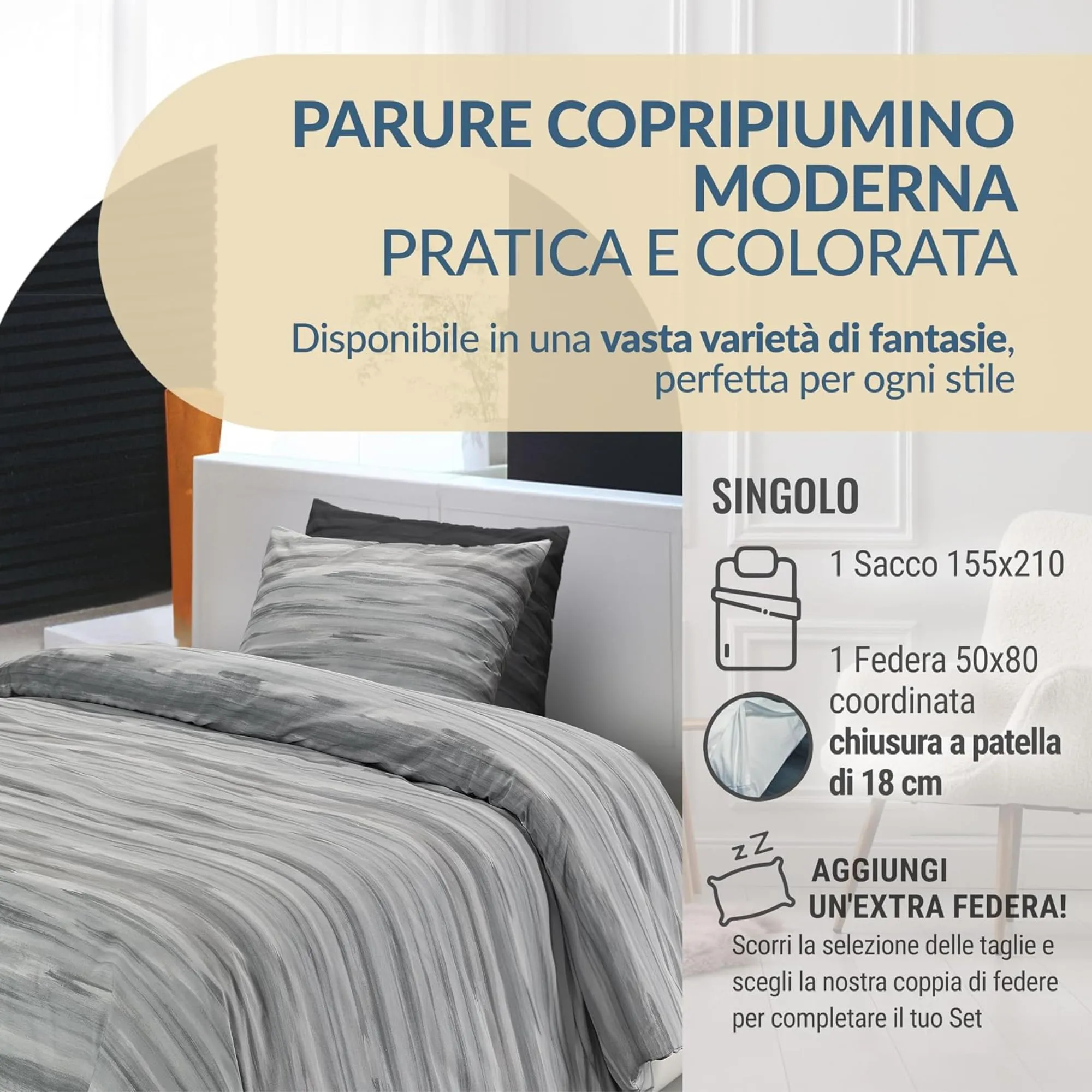 Dorian Home Copripiumino Singolo in Cotone 155x210 cm con Federa, Laveno Grigio - immagine 2