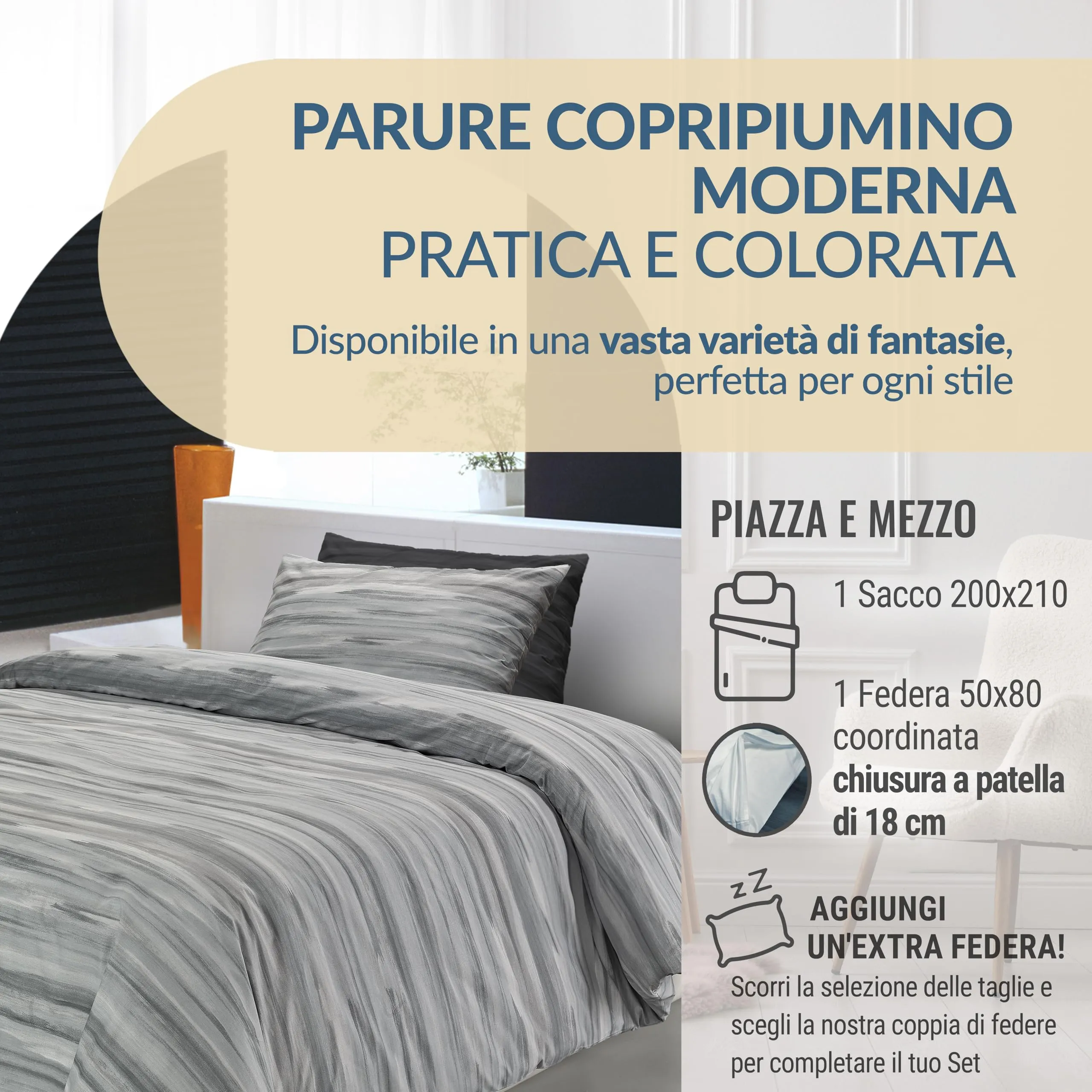 Dorian Home Set Copripiumino Una Piazza e Mezza in Cotone 200x210 cm con Federa Laveno Grigio - immagine 2