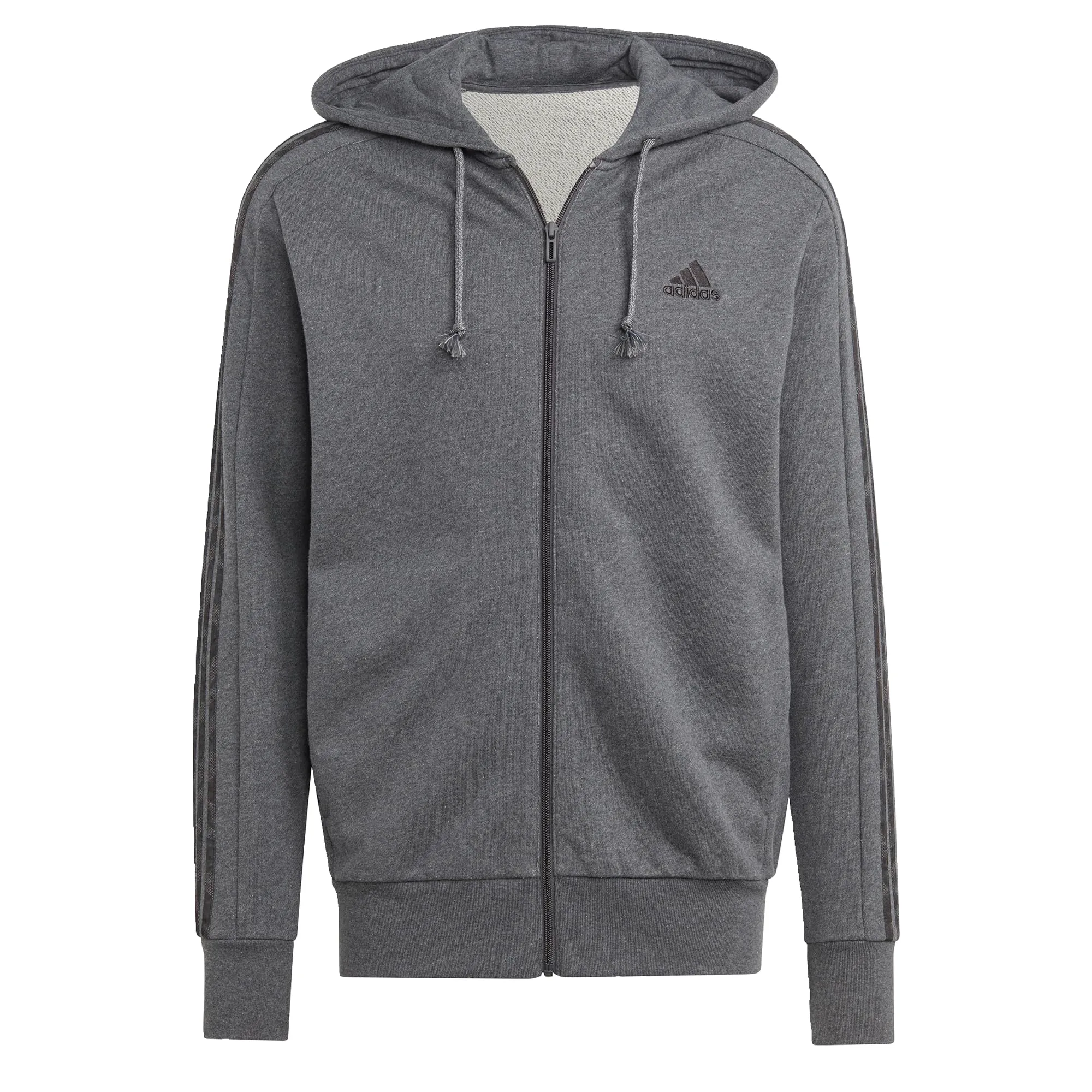 adidas Essentials French Terry 3-Stripes Full-Zip Hoodie - Dark Grey Heather / Black, S - immagine 1