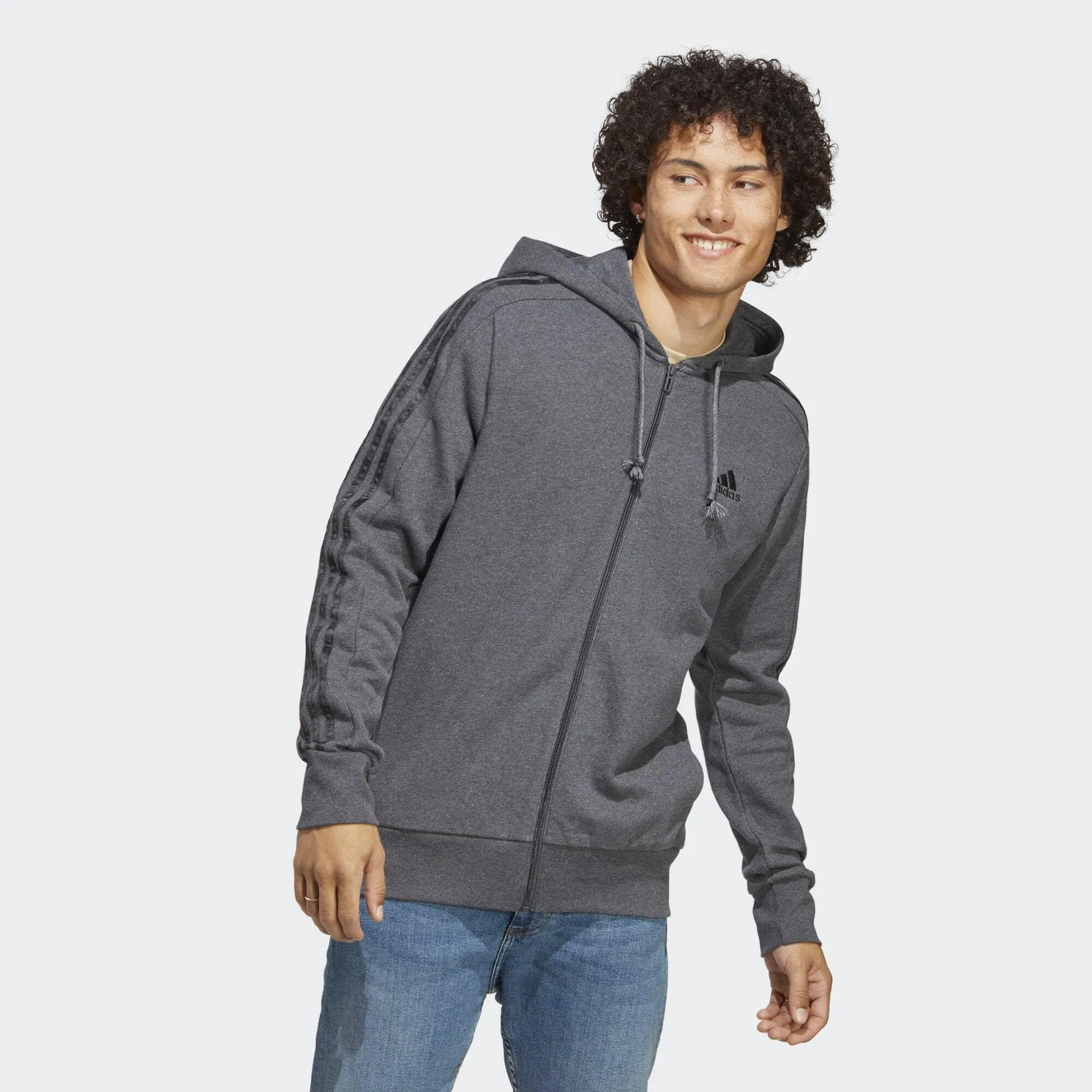 adidas Essentials French Terry 3-Stripes Full-Zip Hoodie - Dark Grey Heather / Black, S - immagine 2