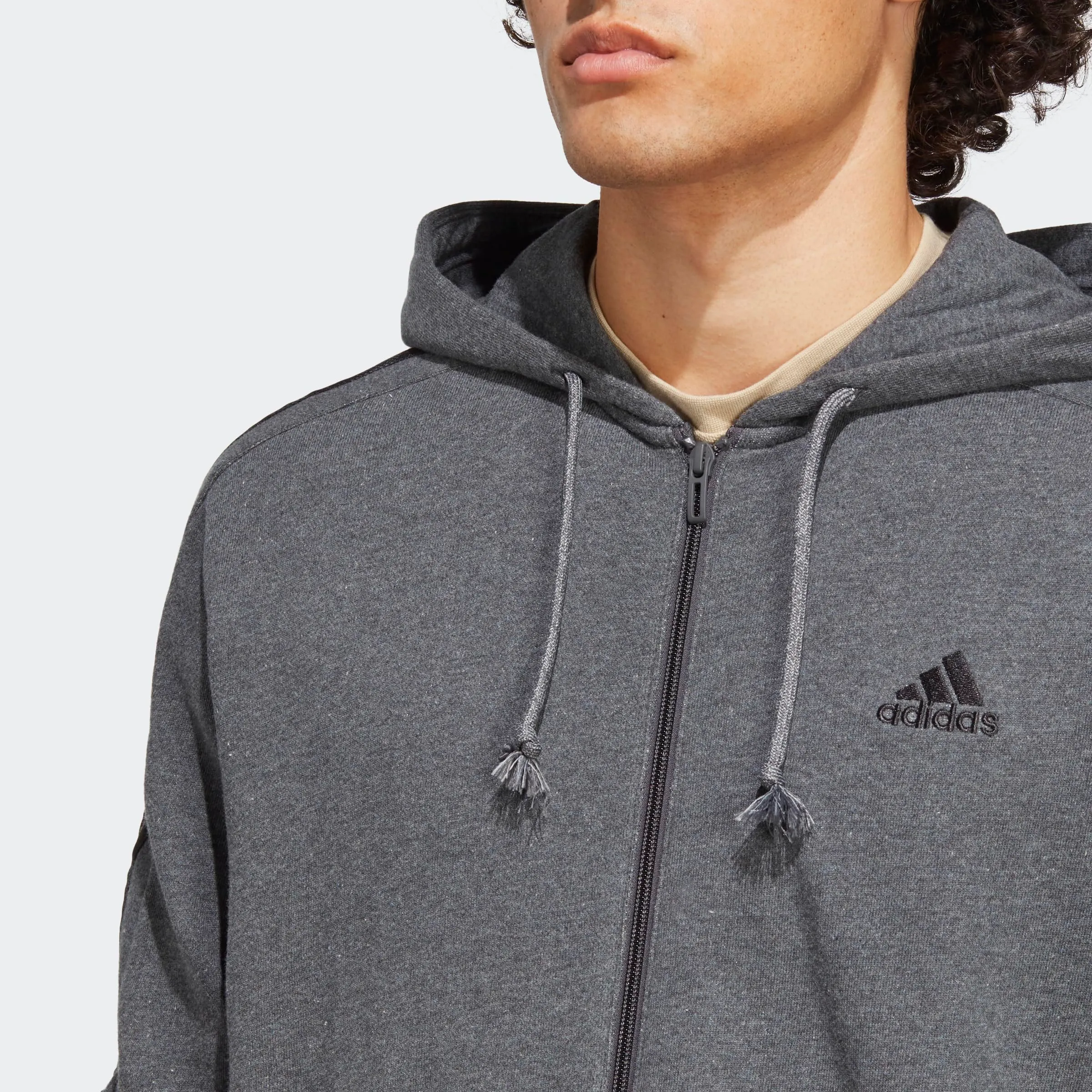 adidas Essentials French Terry 3-Stripes Full-Zip Hoodie - Dark Grey Heather / Black, S - immagine 3