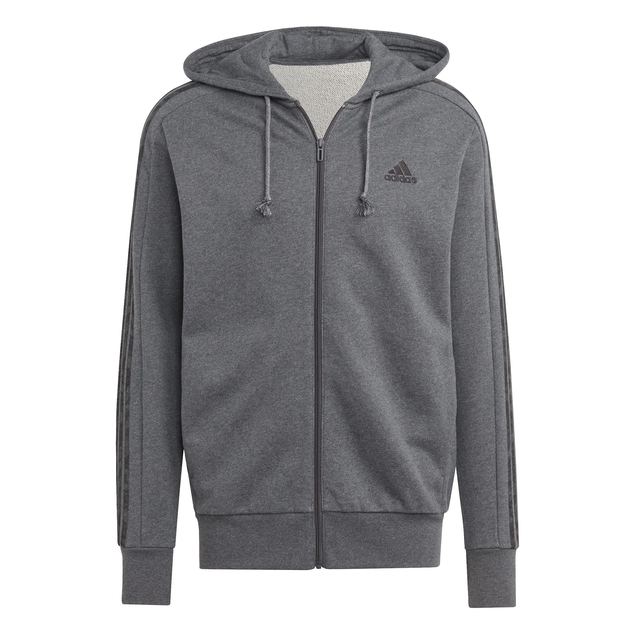 adidas Essentials French Terry 3-Stripes Full-Zip Hoodie - Dark Grey Heather / Black, S - immagine 4