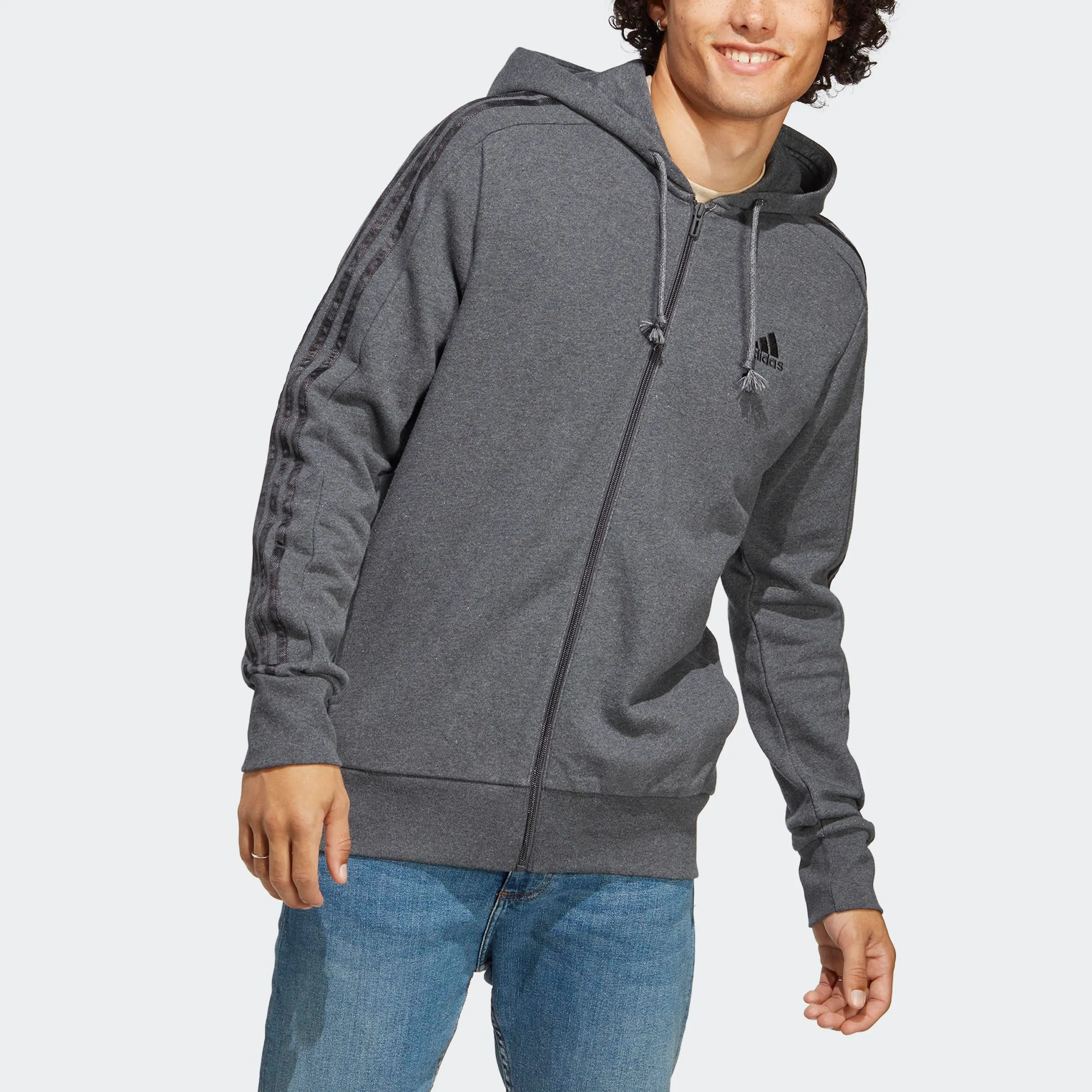 adidas Essentials French Terry 3-Stripes Full-Zip Hoodie - Dark Grey Heather / Black, S - immagine 6