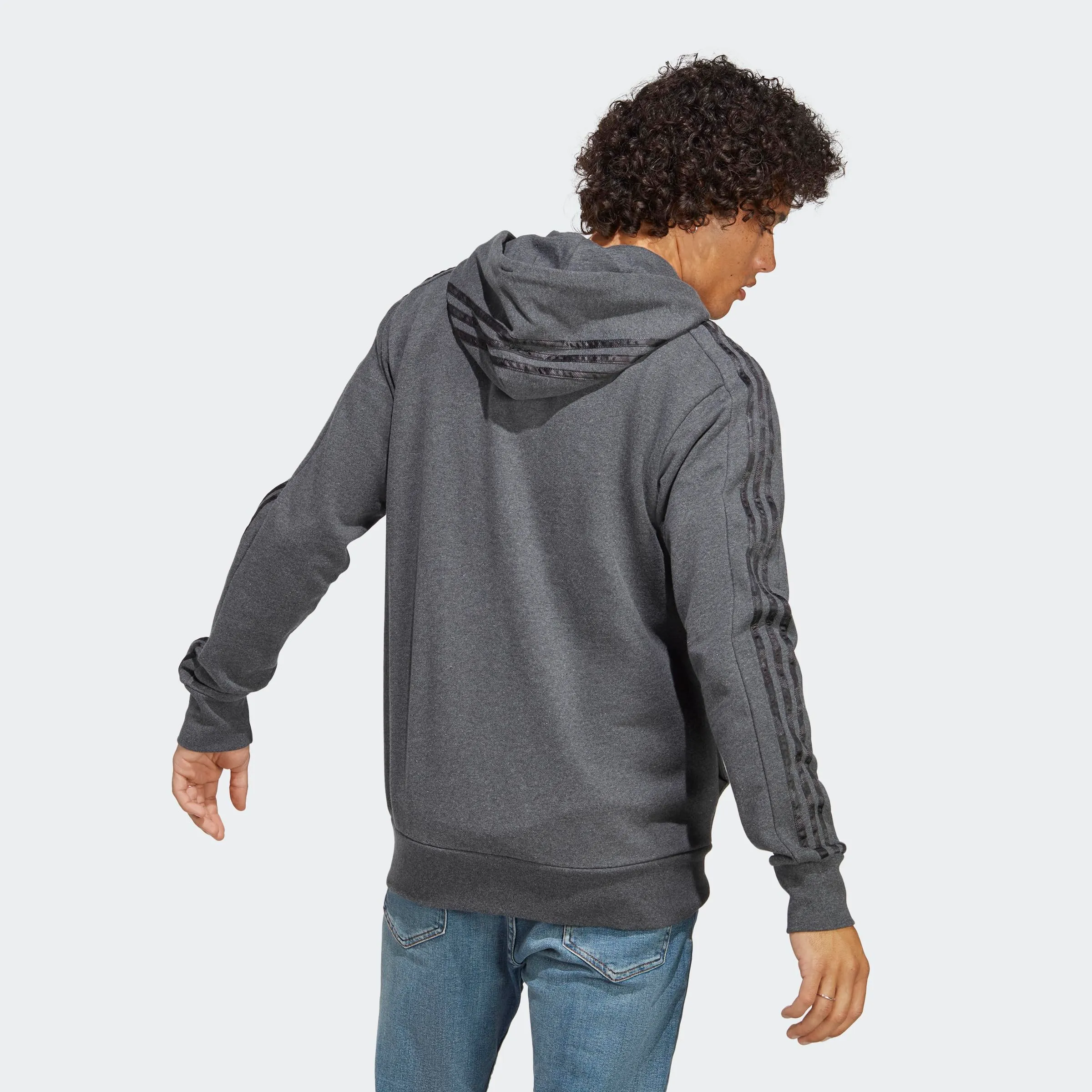 adidas Essentials French Terry 3-Stripes Full-Zip Hoodie - Dark Grey Heather / Black, S - immagine 7