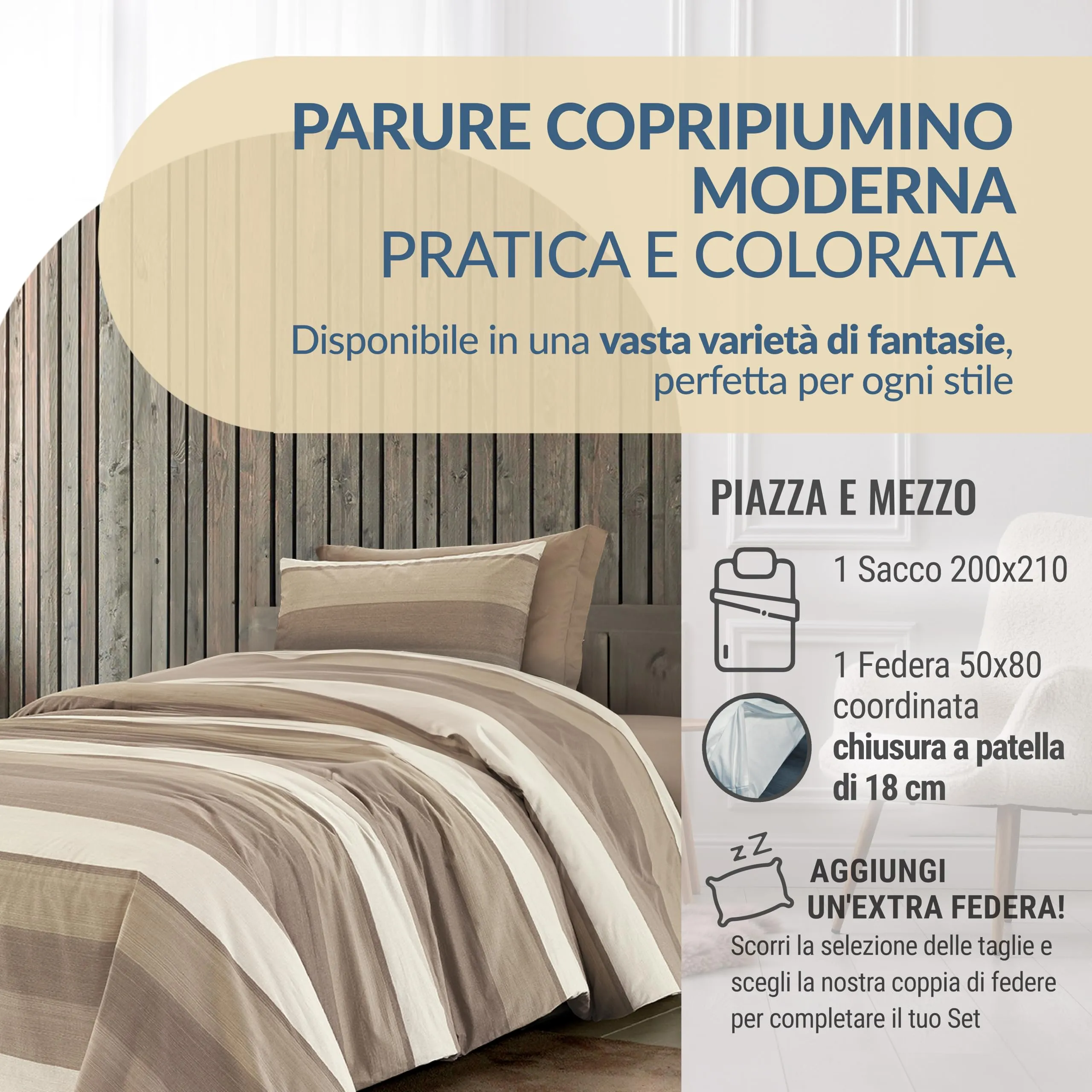 Dorian Home Set Copripiumino Una Piazza e Mezza in Cotone 200x210 cm con Federa, Garda Beige - immagine 2