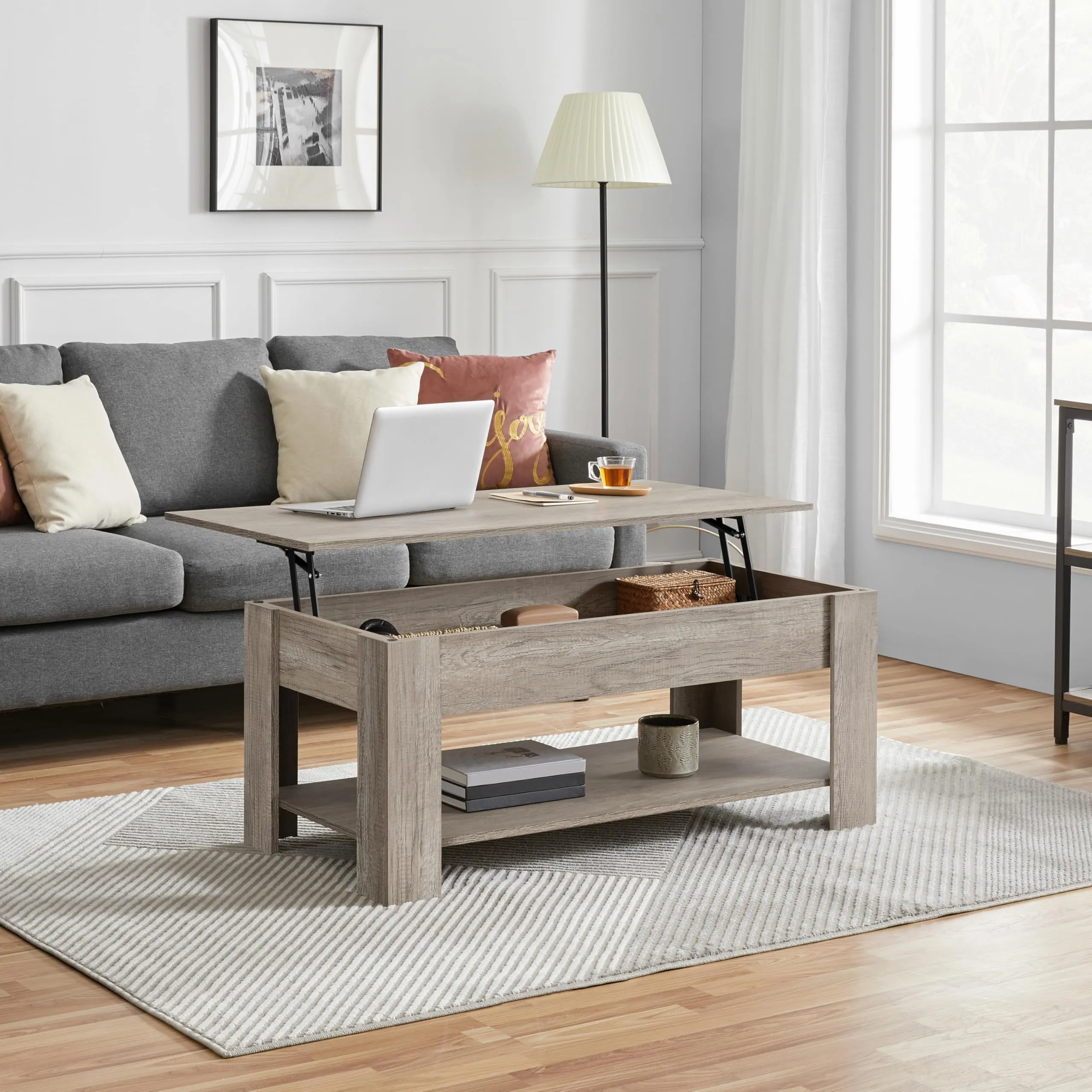 Yaheetech Tavolino da Caffè Sollevabile, 120 x 59 x 49,5-62,5 cm, Grigio - immagine 2
