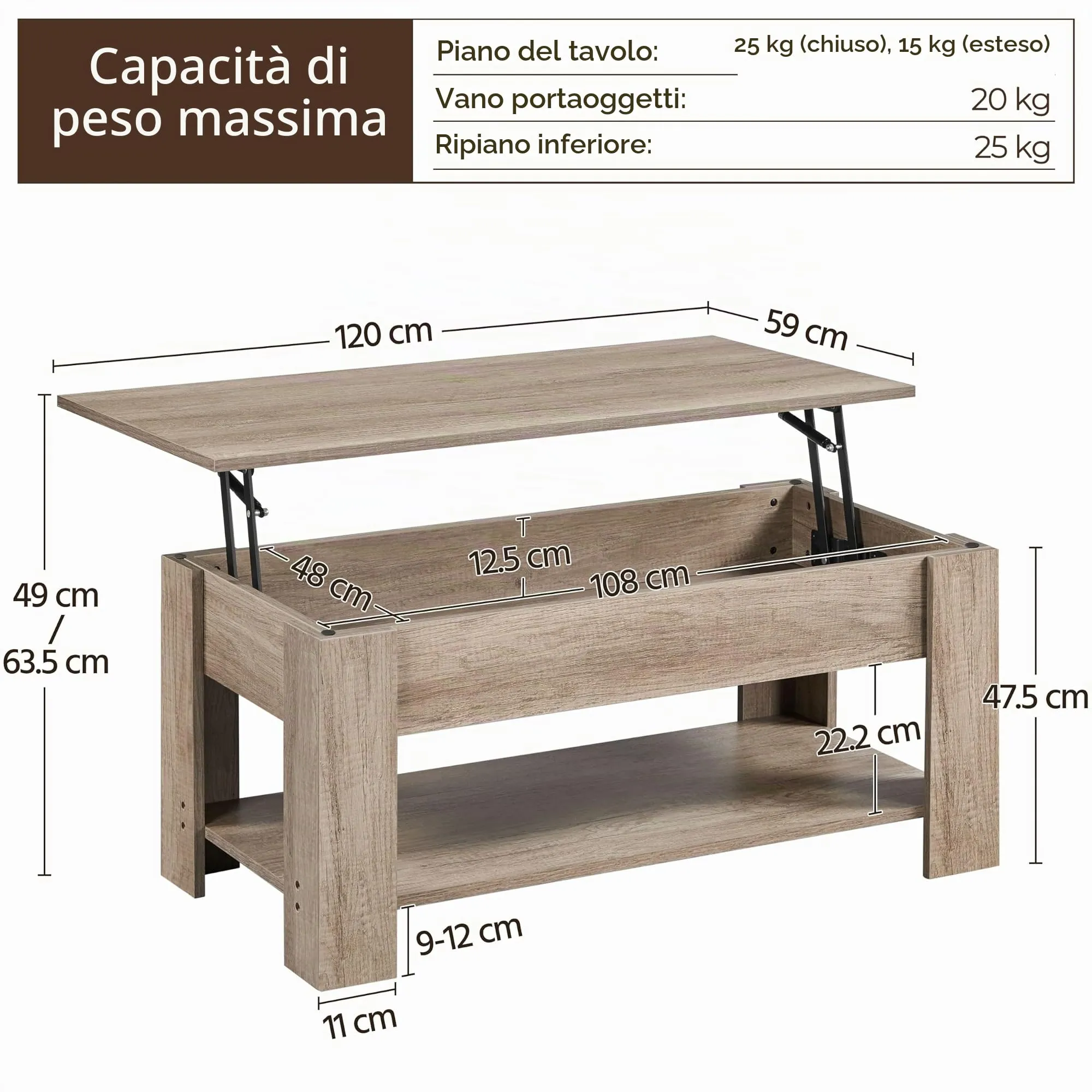Yaheetech Tavolino da Caffè Sollevabile, 120 x 59 x 49,5-62,5 cm, Grigio - immagine 3
