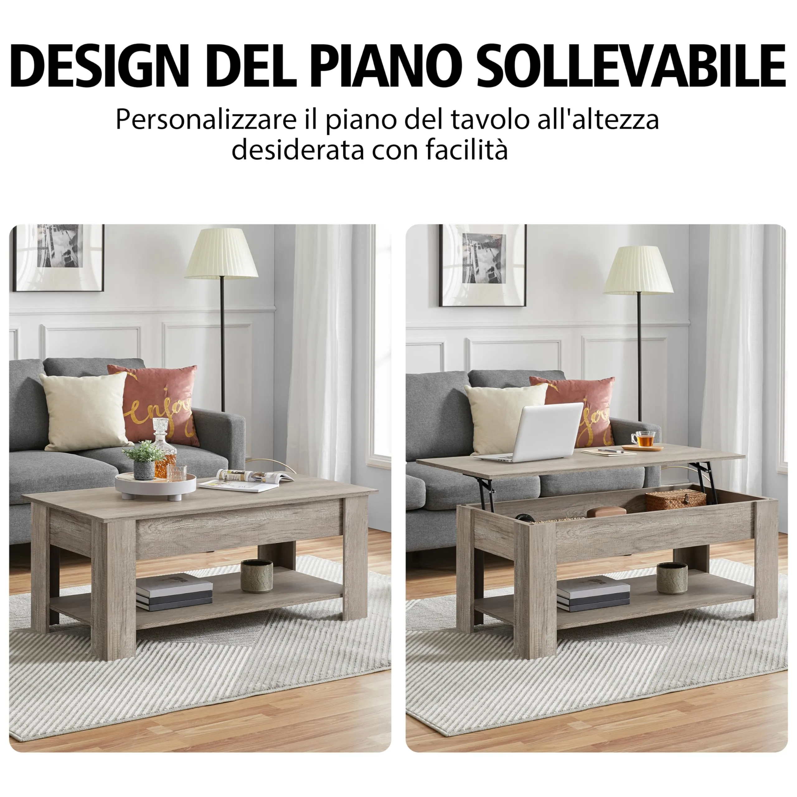 Yaheetech Tavolino da Caffè Sollevabile, 120 x 59 x 49,5-62,5 cm, Grigio - immagine 4