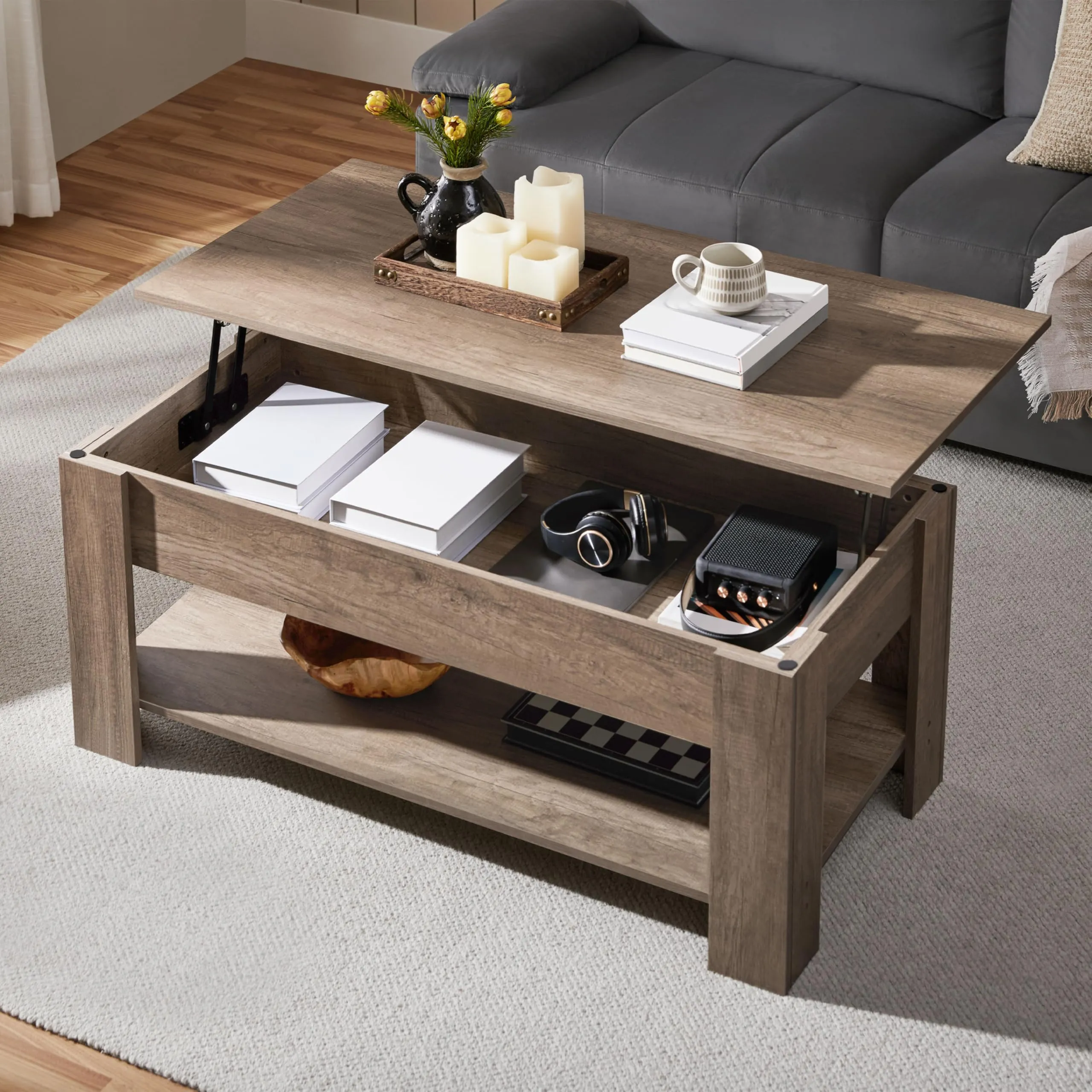 Yaheetech Tavolino da Caffè Sollevabile, 120 x 59 x 49,5-62,5 cm, Grigio - immagine 8
