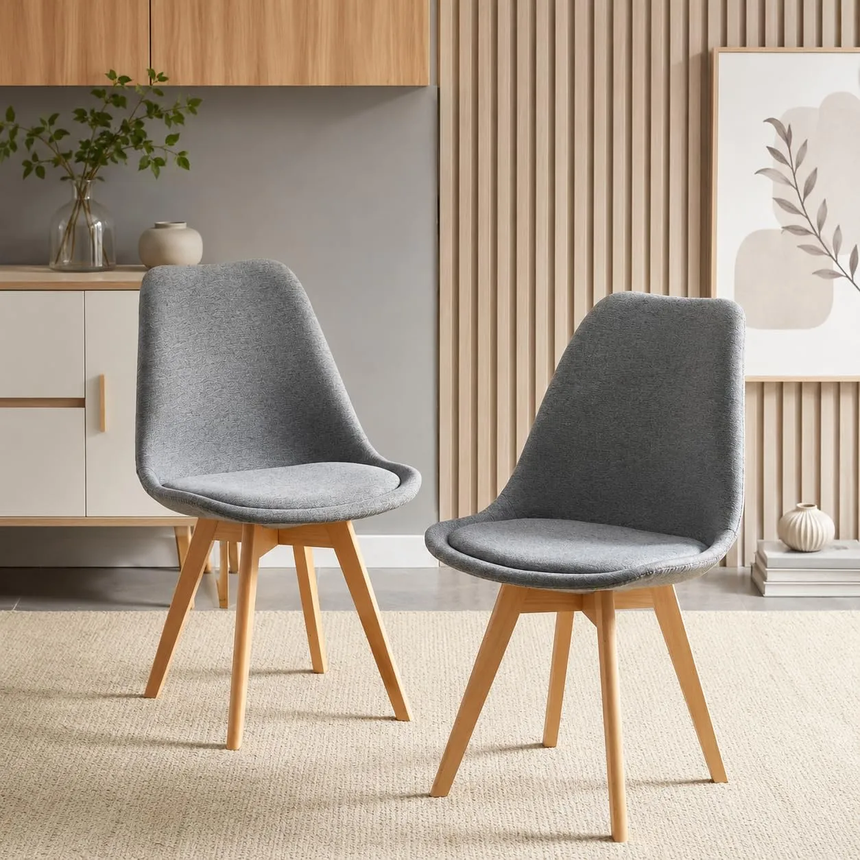 EGGREE Set di 2 Sedie da Pranzo in Lino, Design Scandinavo con Gambe in Legno di Faggio, Grigio - immagine 3