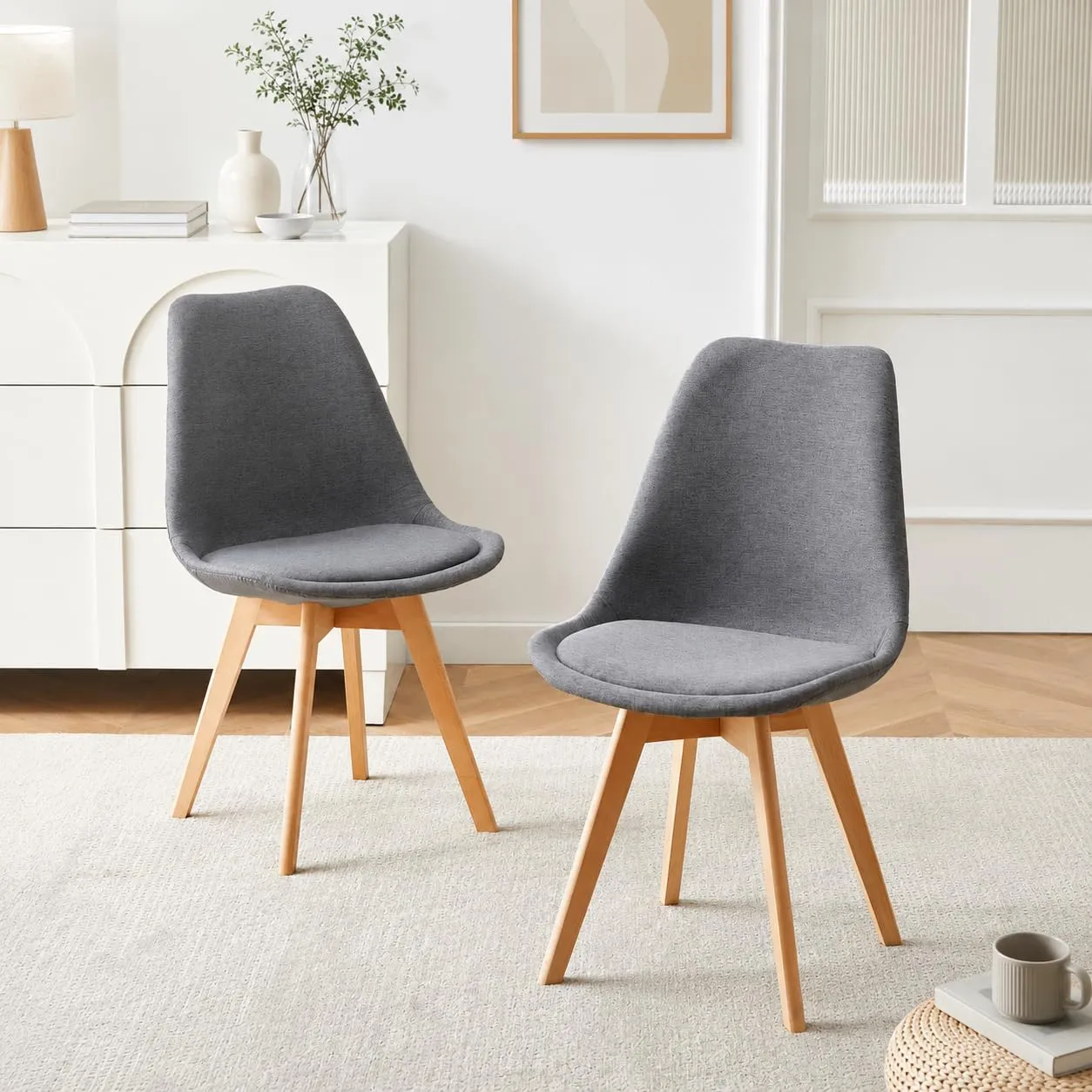 EGGREE Set di 2 Sedie da Pranzo in Lino, Design Scandinavo con Gambe in Legno di Faggio, Grigio - immagine 4