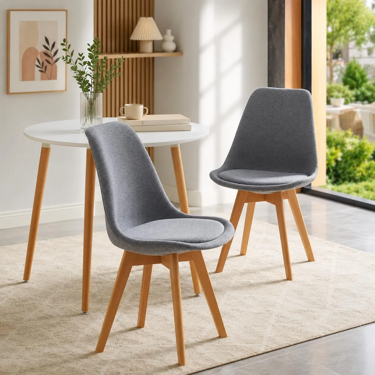 EGGREE Set di 2 Sedie da Pranzo in Lino, Design Scandinavo con Gambe in Legno di Faggio, Grigio - immagine 5