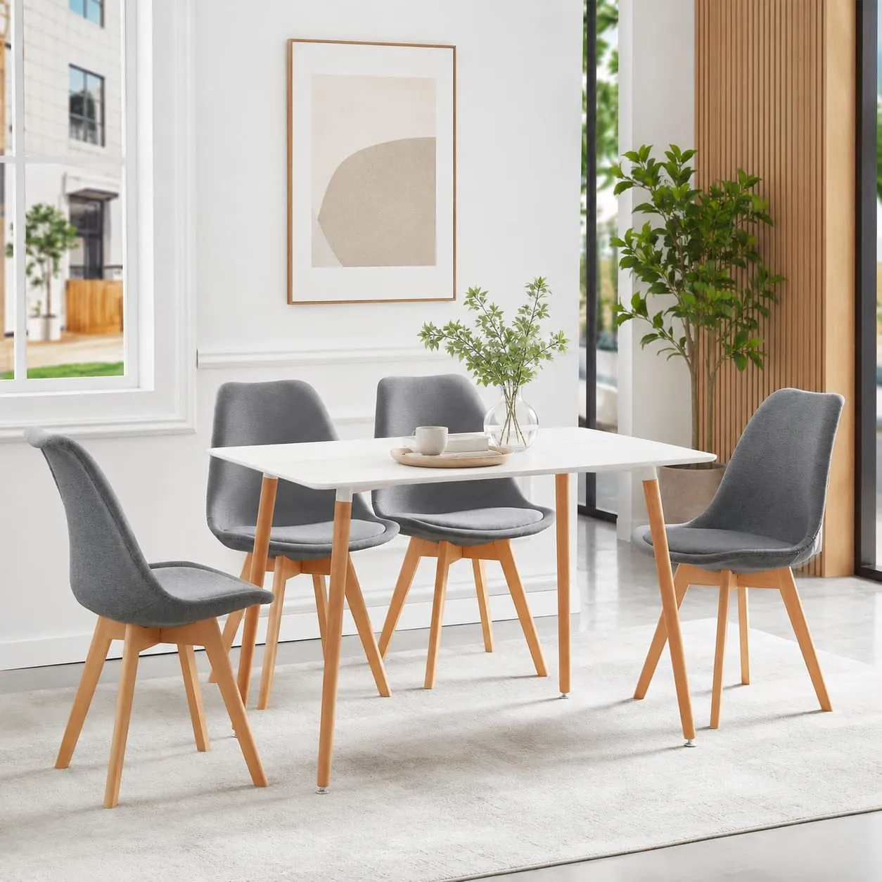 EGGREE Set di 4 Sedie da Pranzo in Tessuto di Lino con Gambe in Legno di Faggio, Grigio - immagine 3