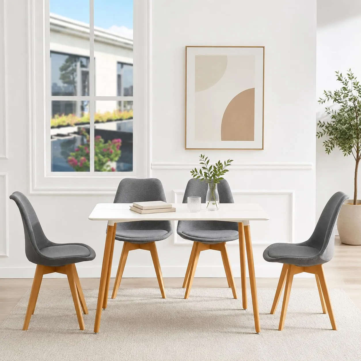 EGGREE Set di 4 Sedie da Pranzo in Tessuto di Lino con Gambe in Legno di Faggio, Grigio - immagine 4