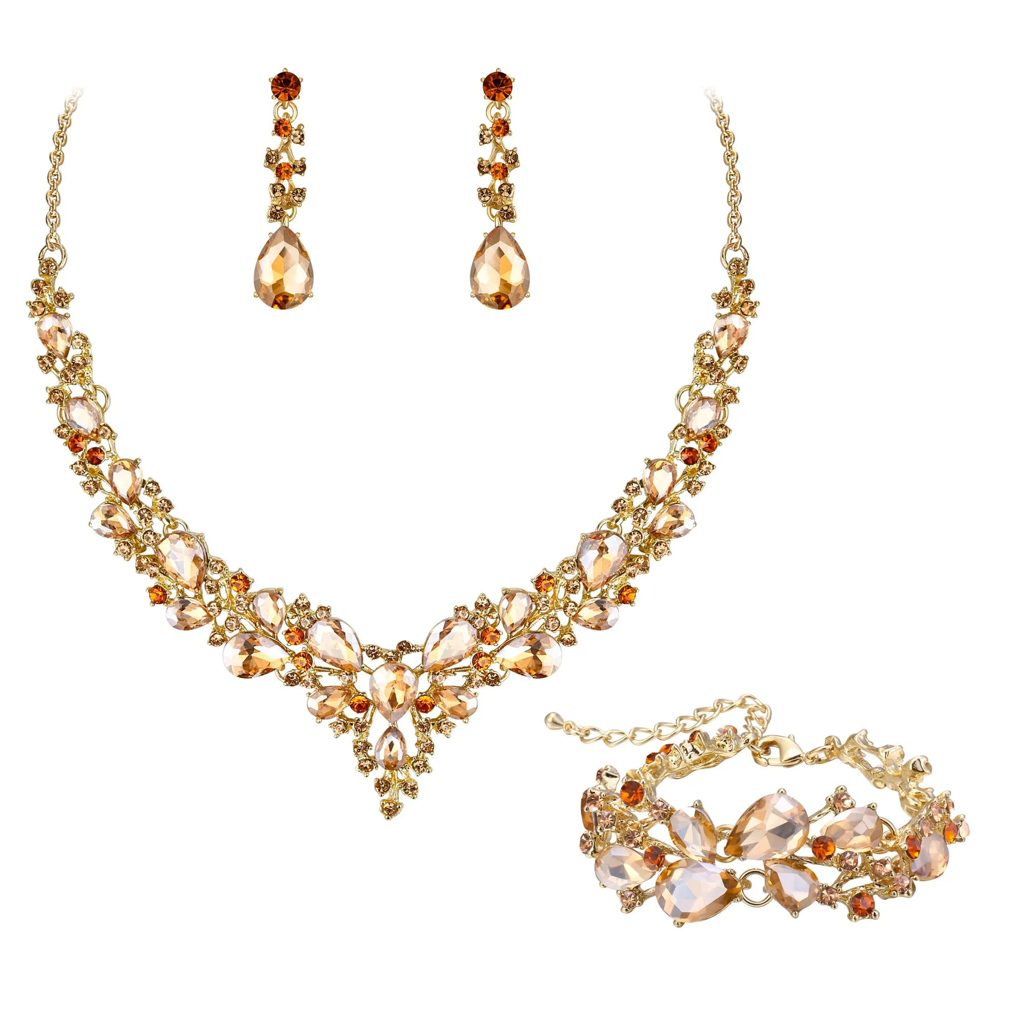EVER FAITH Gioielli da Sposa per Donna, Collana di Cristallo Goccia Austriaco, Orecchini Pendenti e Bracciale, Marrone Oro Fondo - immagine 1