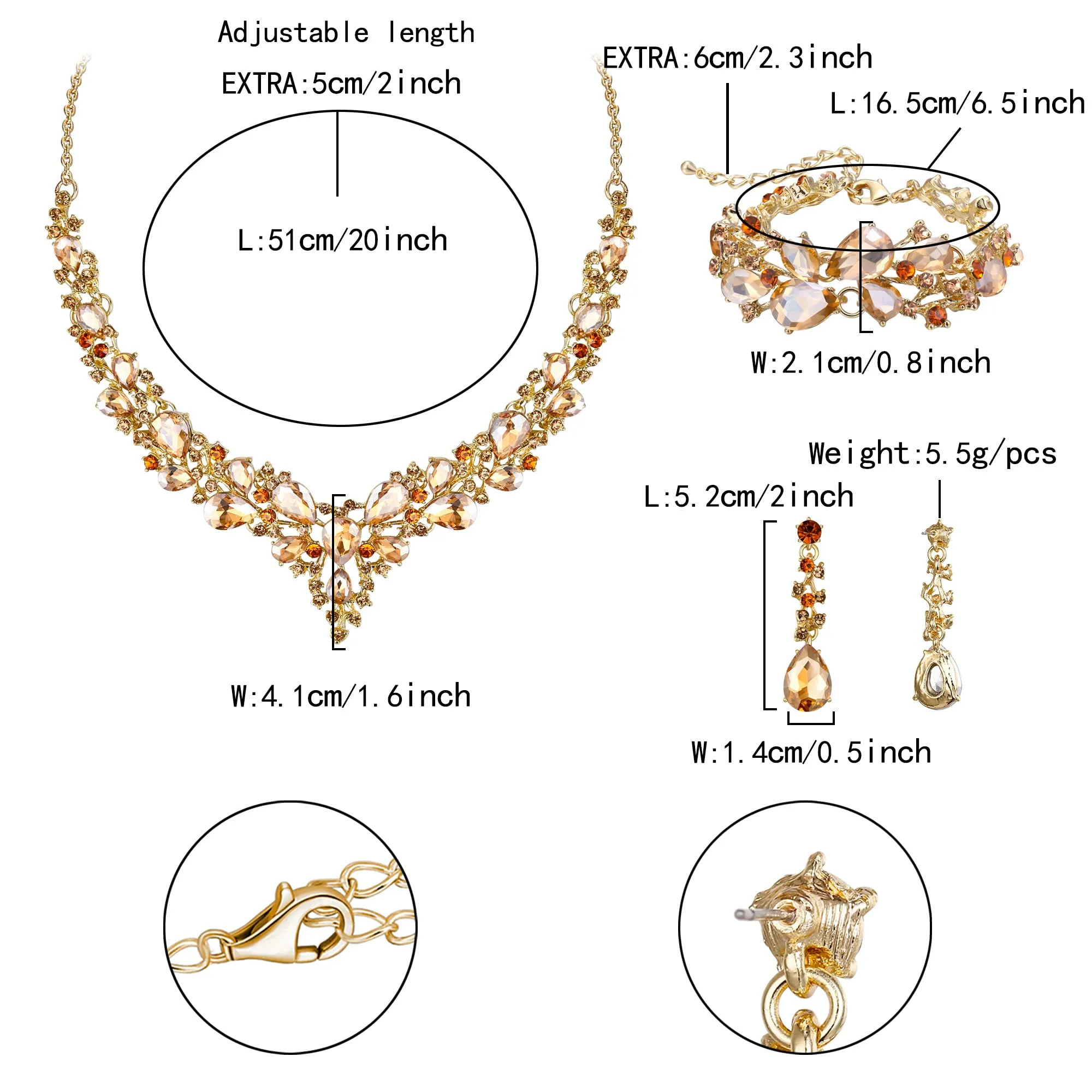EVER FAITH Gioielli da Sposa per Donna, Collana di Cristallo Goccia Austriaco, Orecchini Pendenti e Bracciale, Marrone Oro Fondo - immagine 4