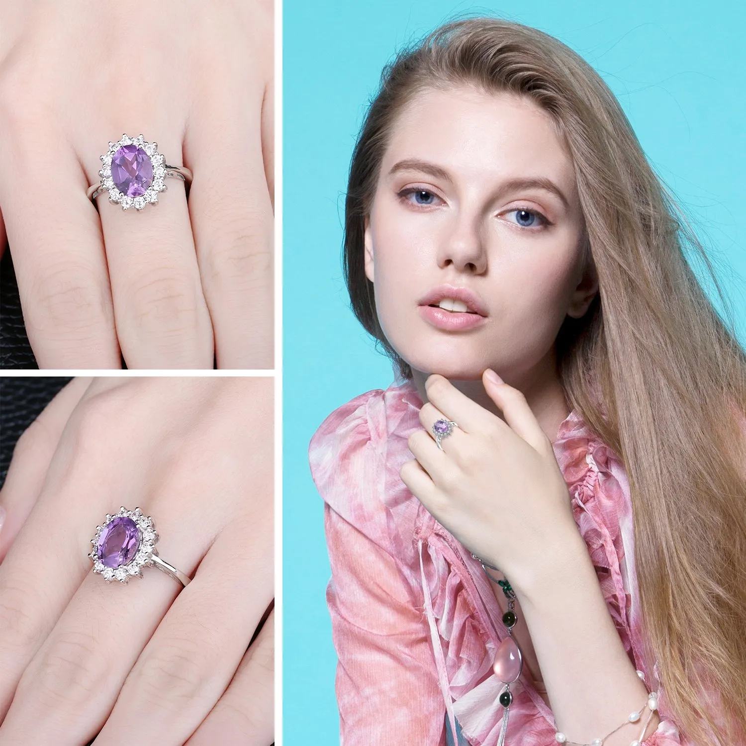 JewelryPalace Anello Halo in Argento 925 con Ametista Viola e Zirconi, Misura 9.5 - immagine 4