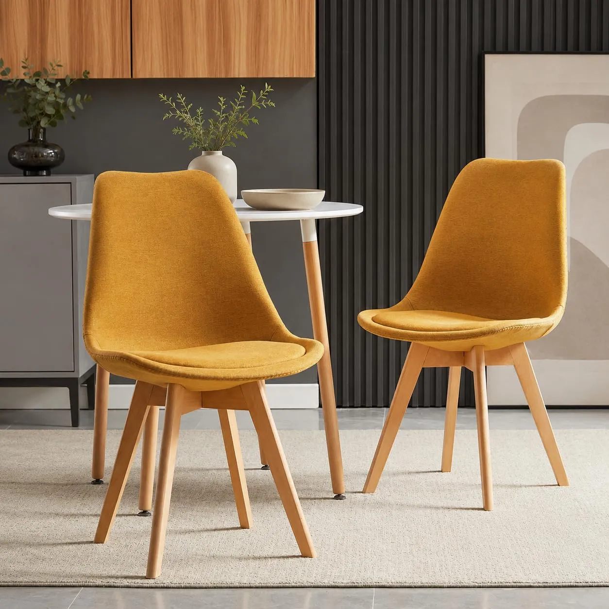 EGGREE Set di 4 Sedie da Pranzo in Tessuto di Lino, Design Scandinavo con Gambe in Legno di Faggio, Giallo - immagine 3