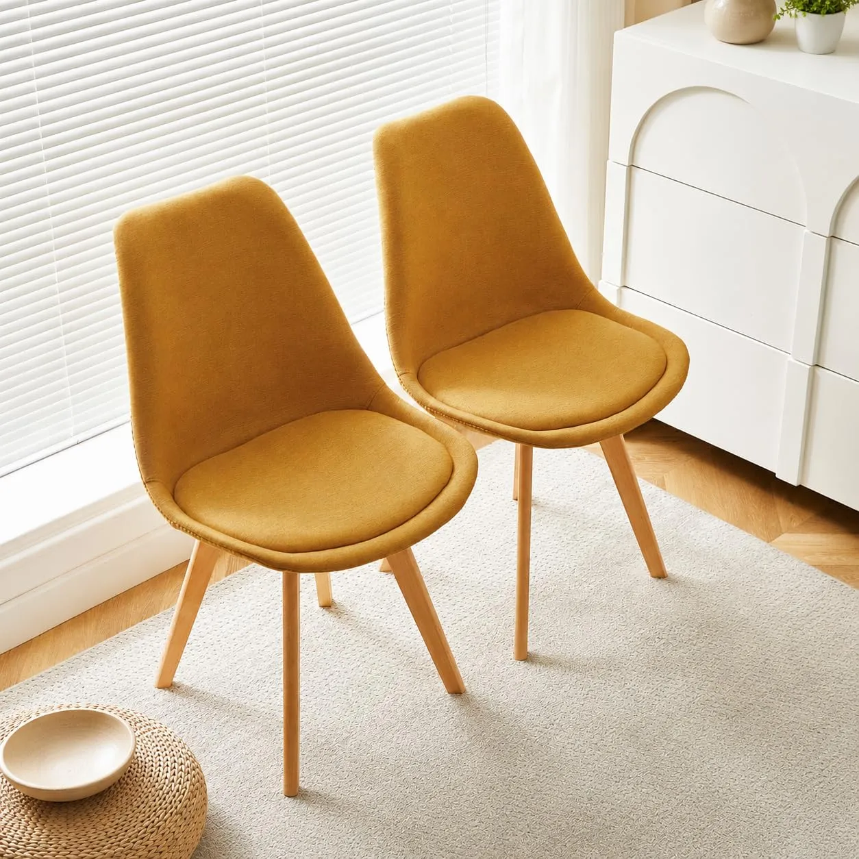 EGGREE Set di 4 Sedie da Pranzo in Tessuto di Lino, Design Scandinavo con Gambe in Legno di Faggio, Giallo - immagine 6