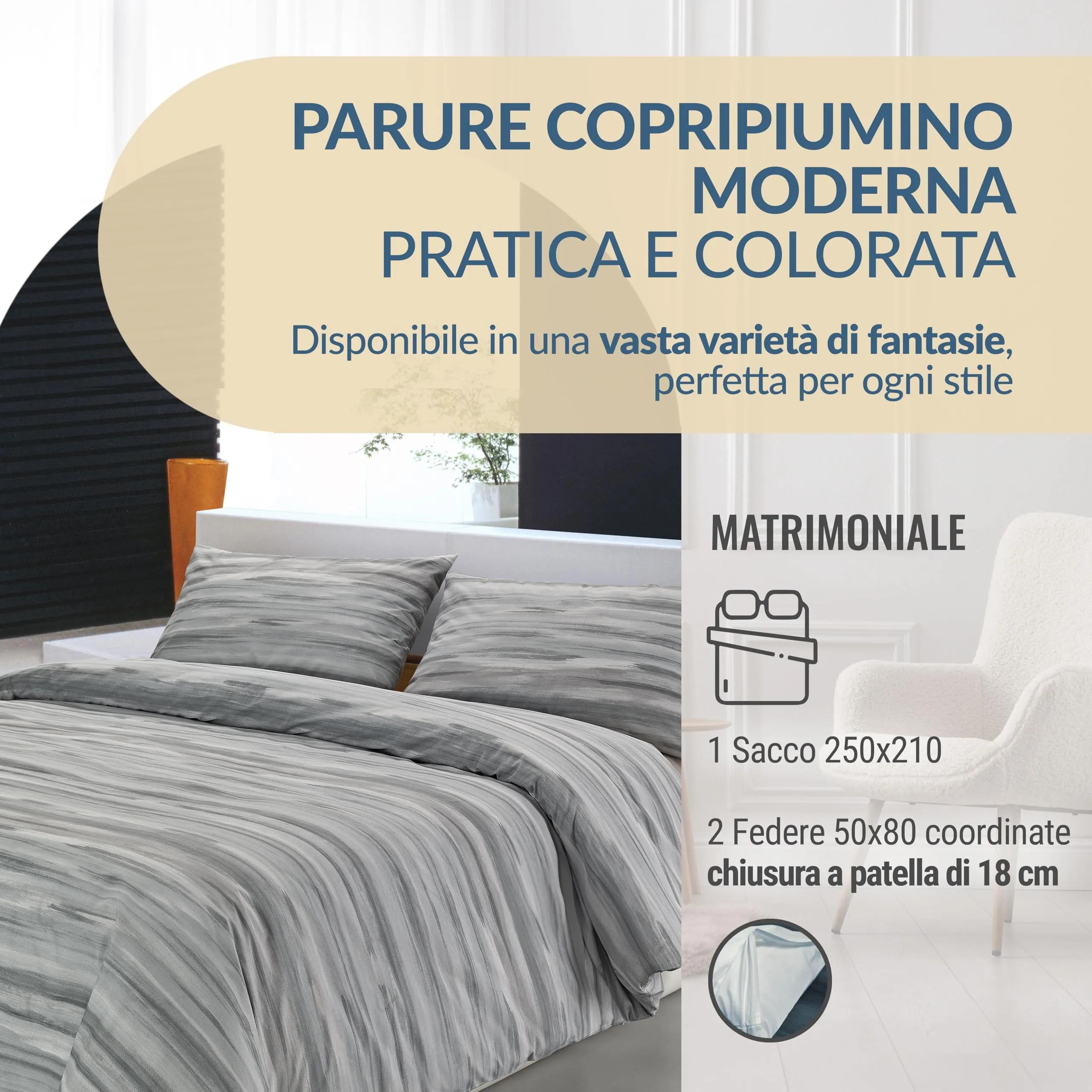 Dorian Home Copripiumino Matrimoniale in Cotone 250x210 cm con 2 Federe, Laveno Grigio - immagine 2