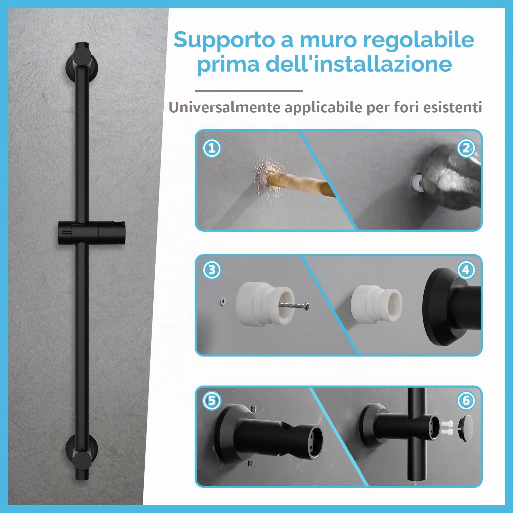 Görbach Colonna Doccia in Acciaio Inox 70cm con Supporto Soffione Regolabile, Nero - immagine 5