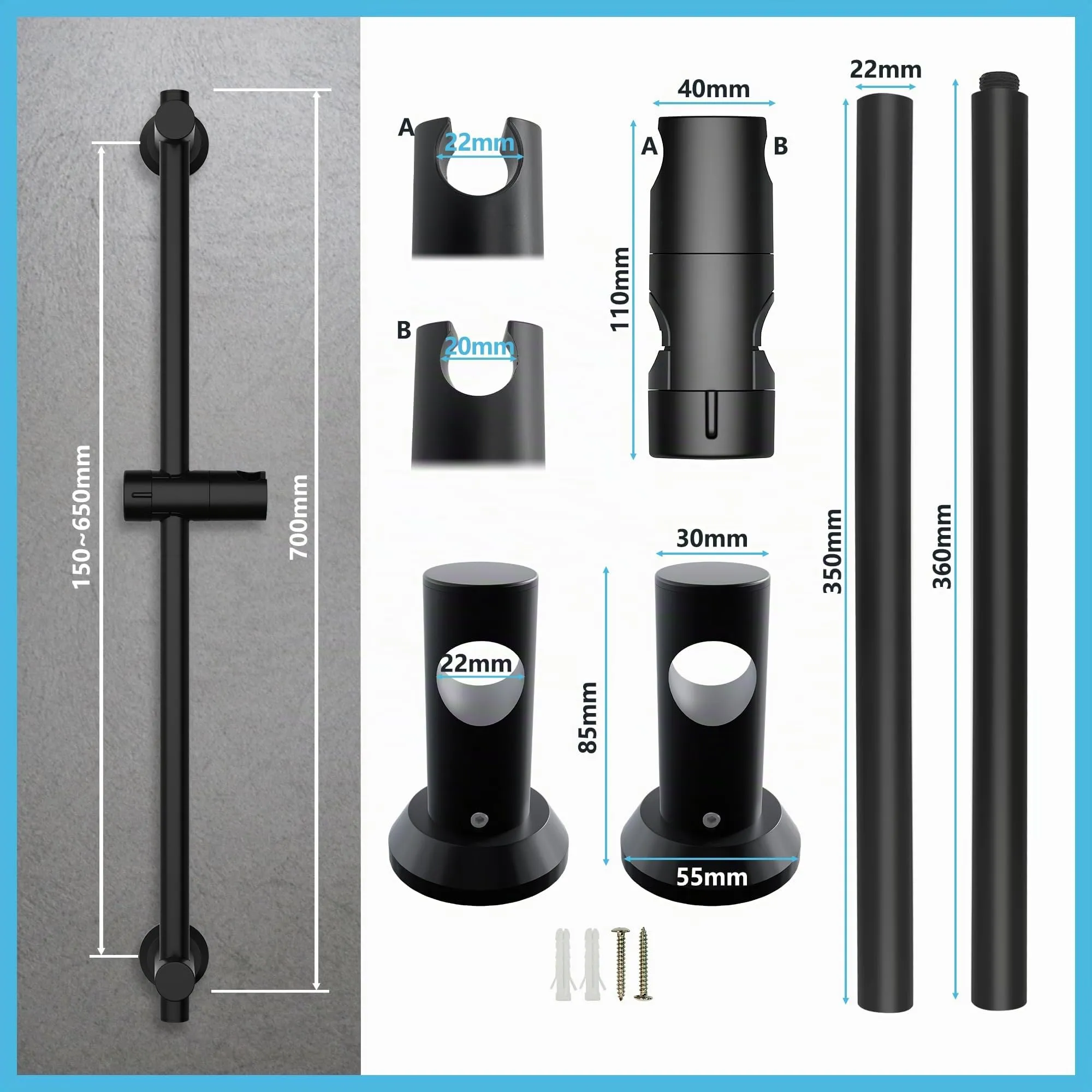 Görbach Colonna Doccia in Acciaio Inox 70cm con Supporto Soffione Regolabile, Nero - immagine 7
