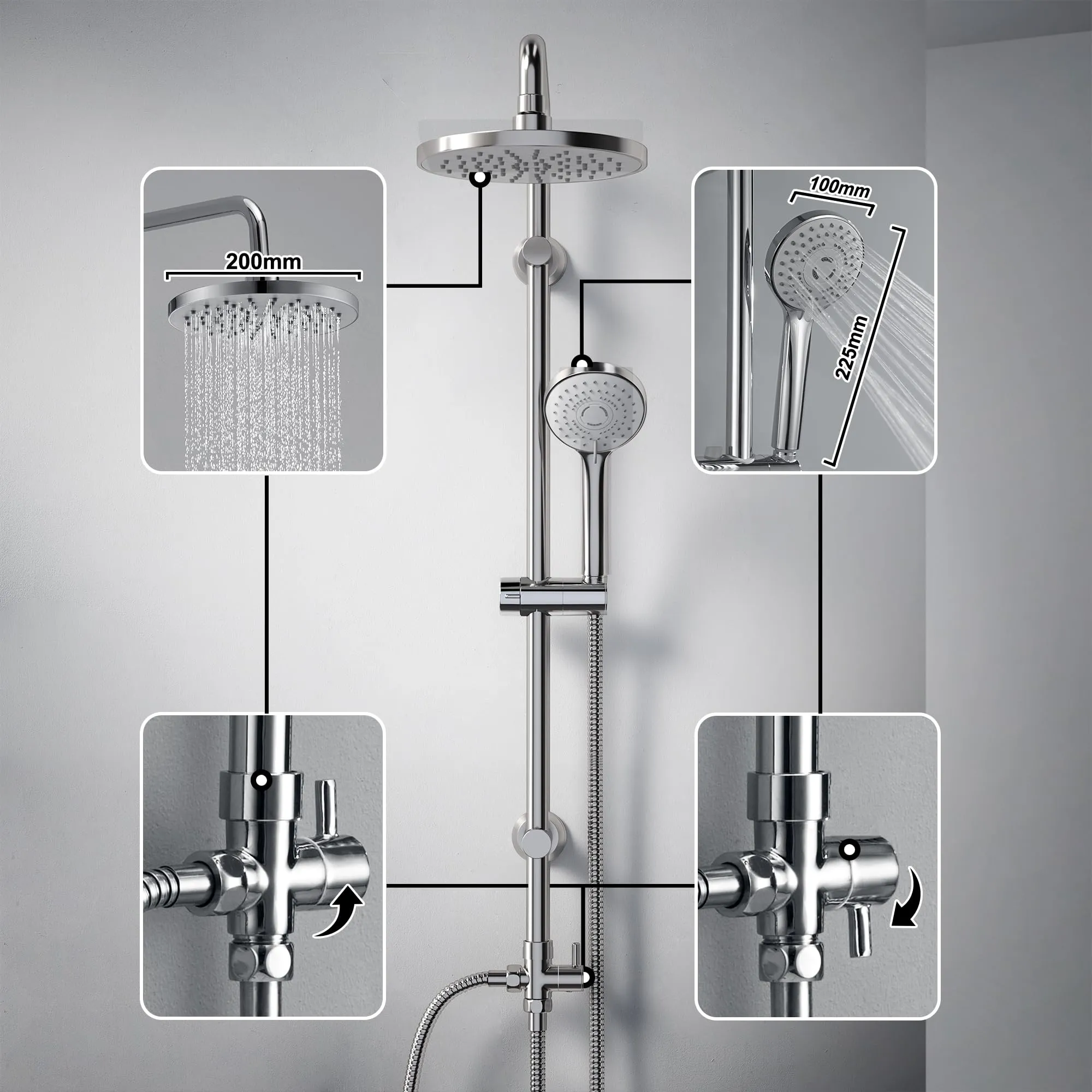 Görbach Colonna Doccia in Acciaio Inox con Soffione ABS 20 cm e Mensola, senza Miscelatore - immagine 2
