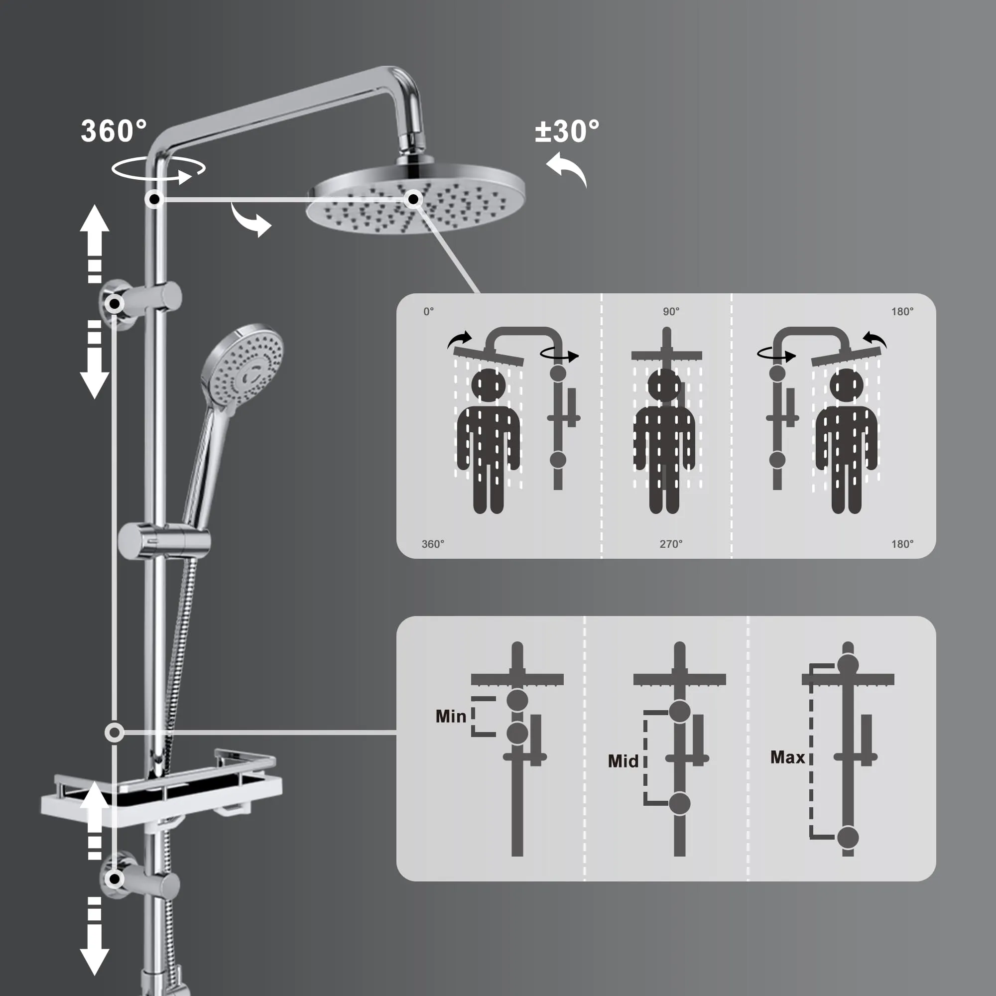 Görbach Colonna Doccia in Acciaio Inox con Soffione ABS 20 cm e Mensola, senza Miscelatore - immagine 5
