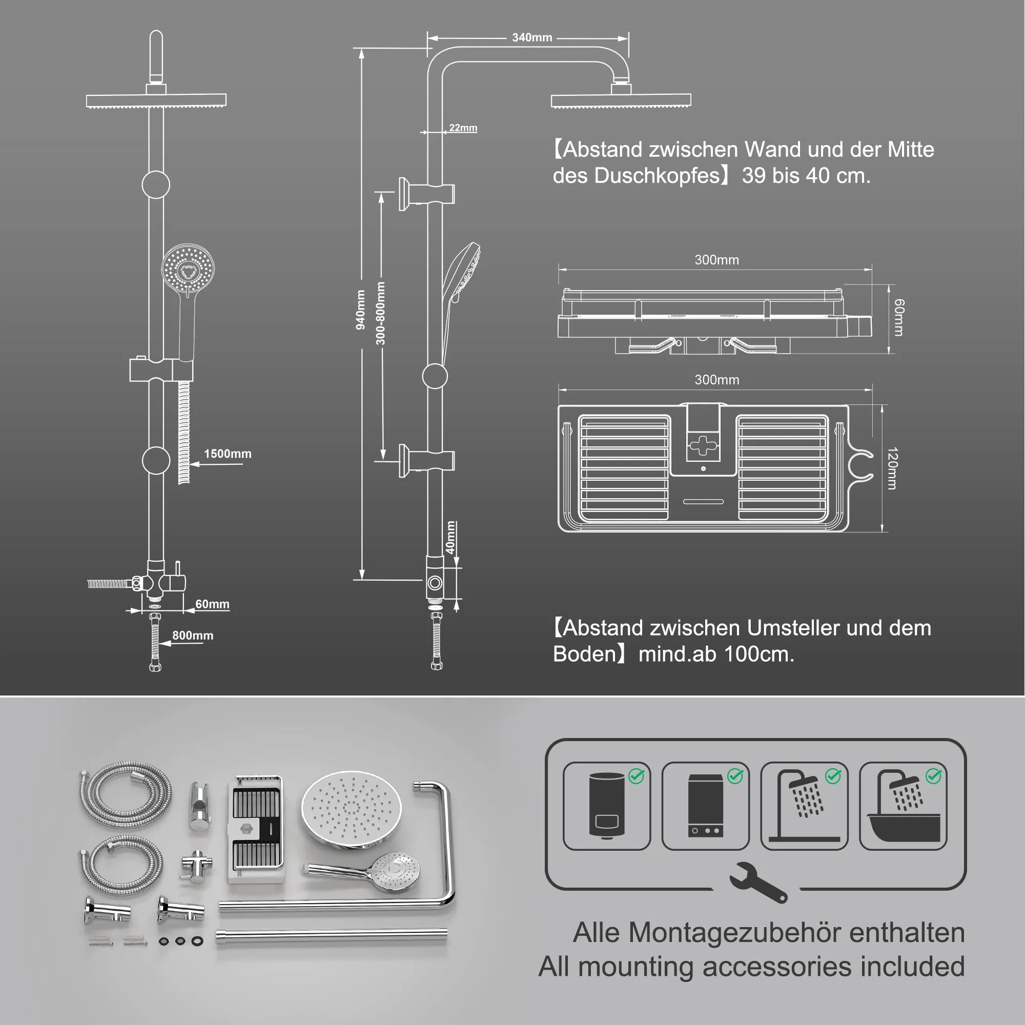 Görbach Colonna Doccia in Acciaio Inox con Soffione ABS 20 cm e Mensola, senza Miscelatore - immagine 7